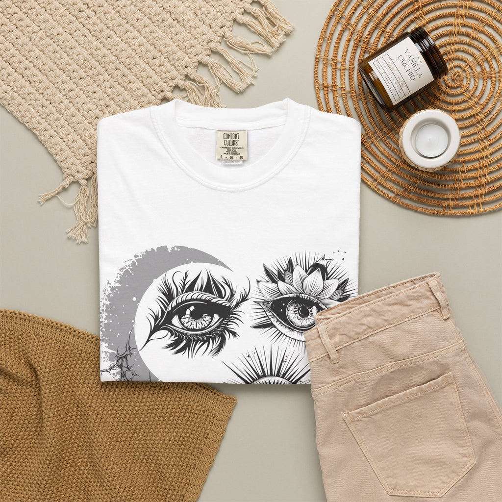 Midnight Eyes Graphic T-Shirt — Moon, Sun & Mystic Eye Illustration