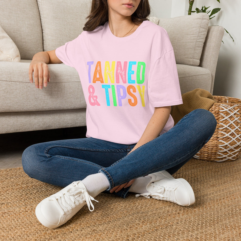 Tanned & Tipsy Beach Vacation T-Shirt - Colorful Vacation T-Shirt - Funny Summer Tee. Midnight Eye, LLC.