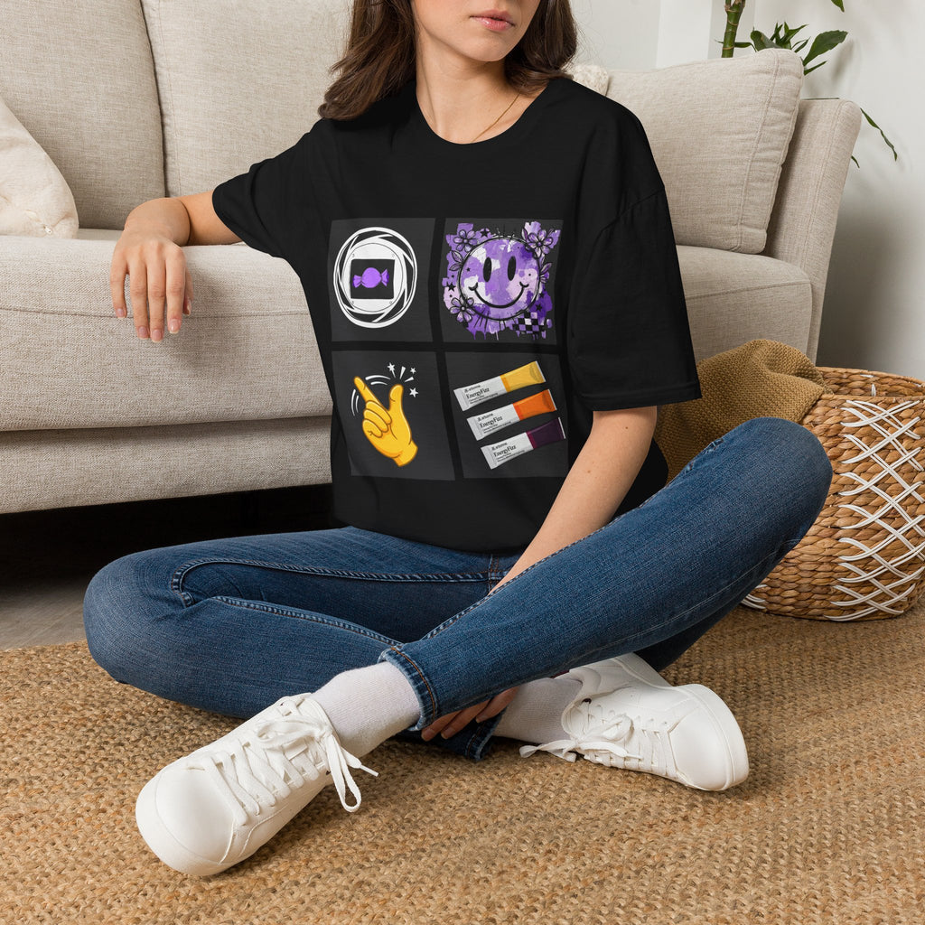 Women's Tee — Retro Purple Icons: Smiley, Peace Sign & Cassette Graphic - Midnight Eye, LLC