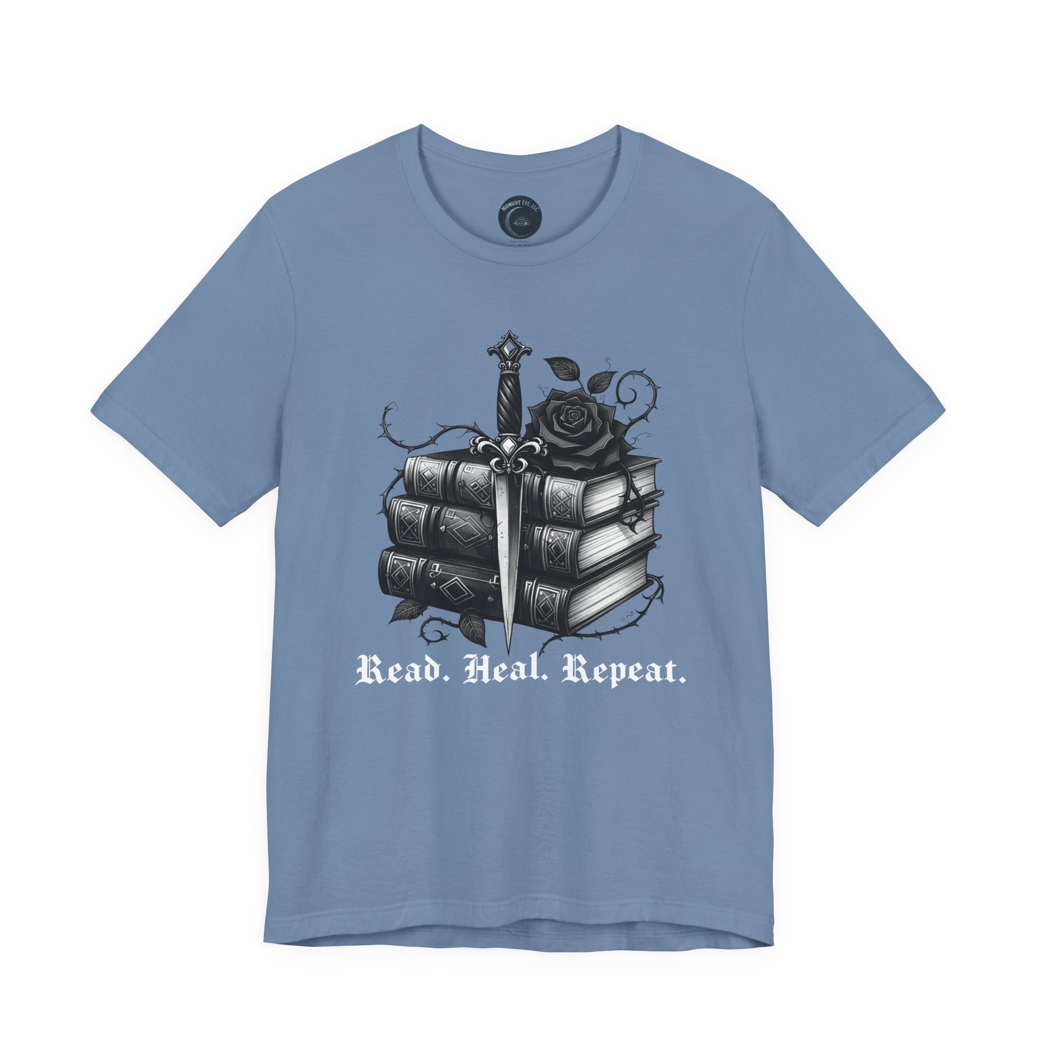 Read. Heal. Repeat. Gothic Book, Rose & Dagger T-Shirt. Books Tee. Midnight Eye, LLC.