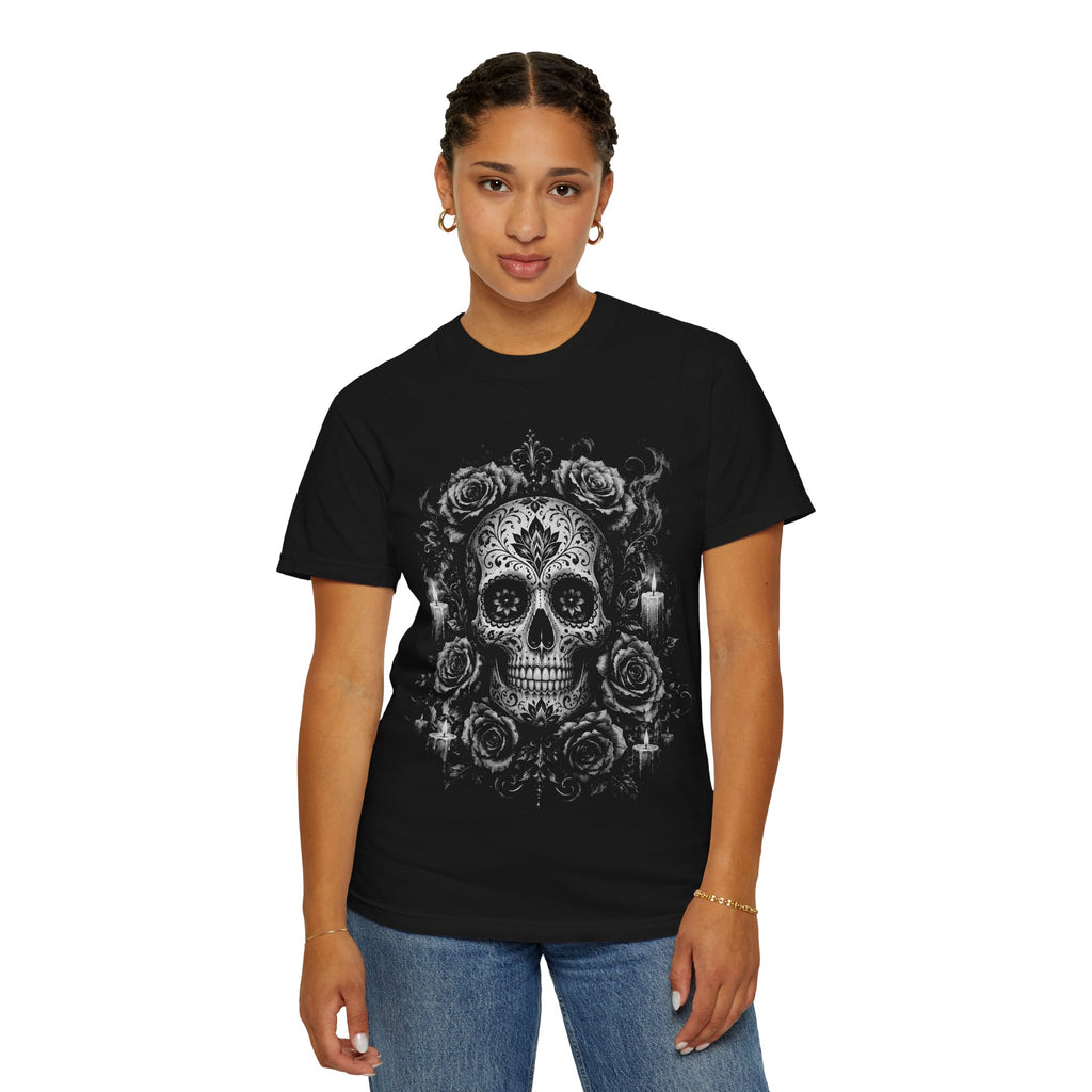 Sugar Skull & Roses T-Shirt — Gothic Day of the Dead Skull Tee. Midnight Eye, LLC
