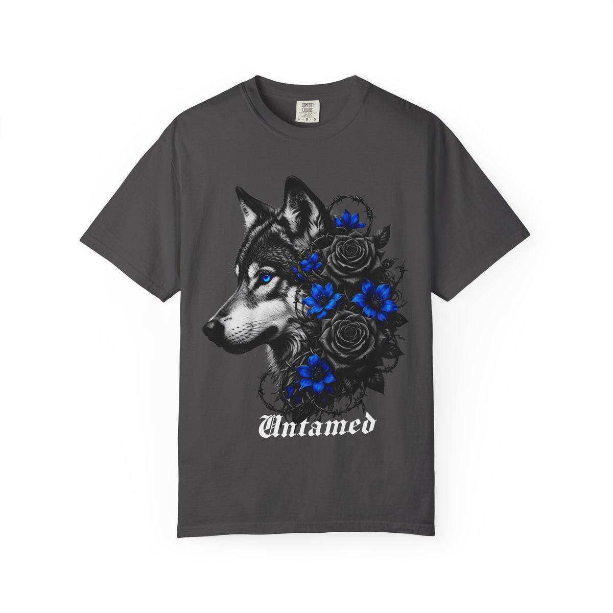 Wolf Floral T-Shirt — "Untamed" Graphic Tee with Blue & Black Roses