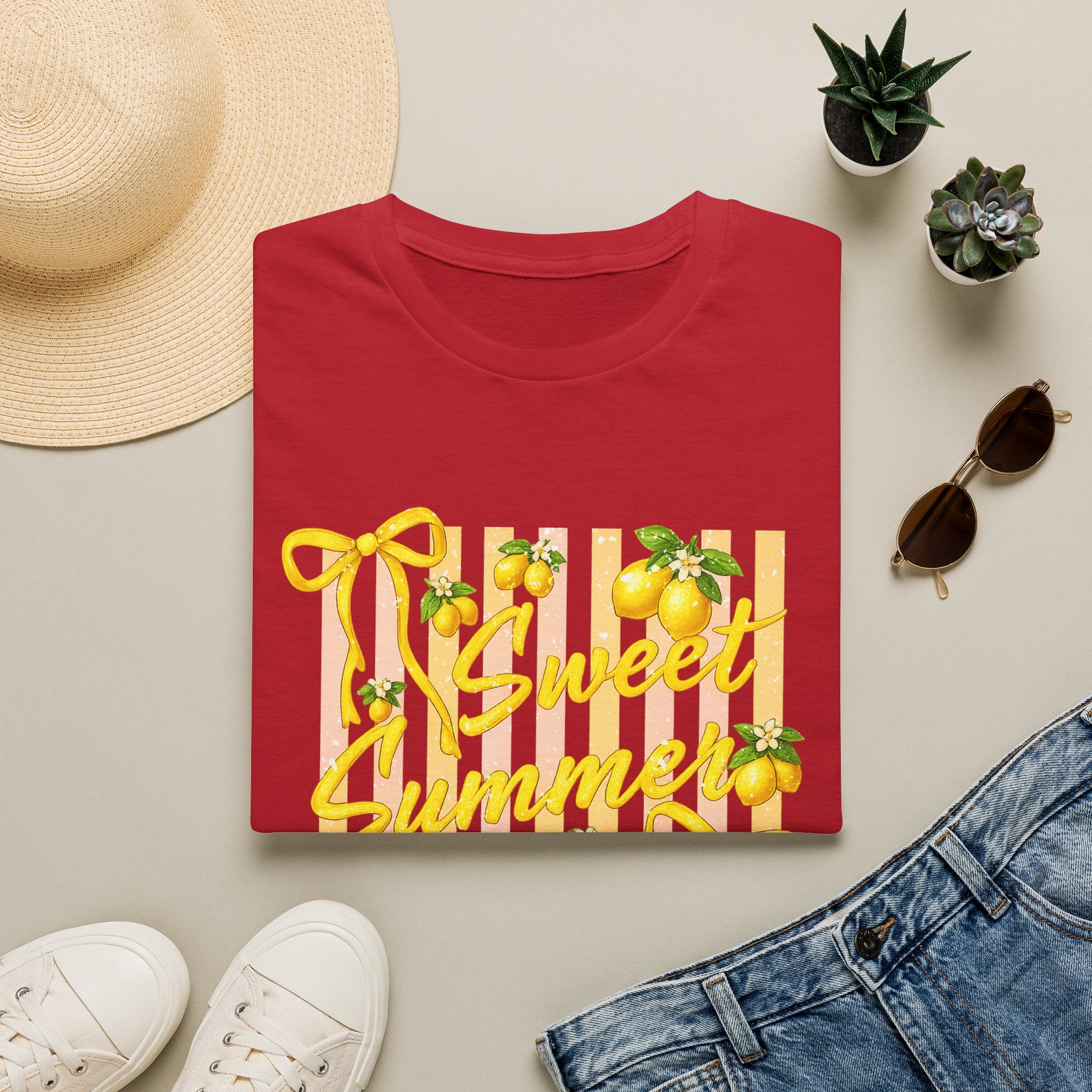 Sweet Summer Lemon Striped T-Shirt - Cute Bows Colorful Summer T-Shirt. Midnight Eye, LLC.