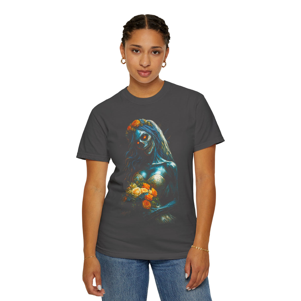 Zombie Bride Floral Skull T-Shirt — Gothic Halloween Horror Tee