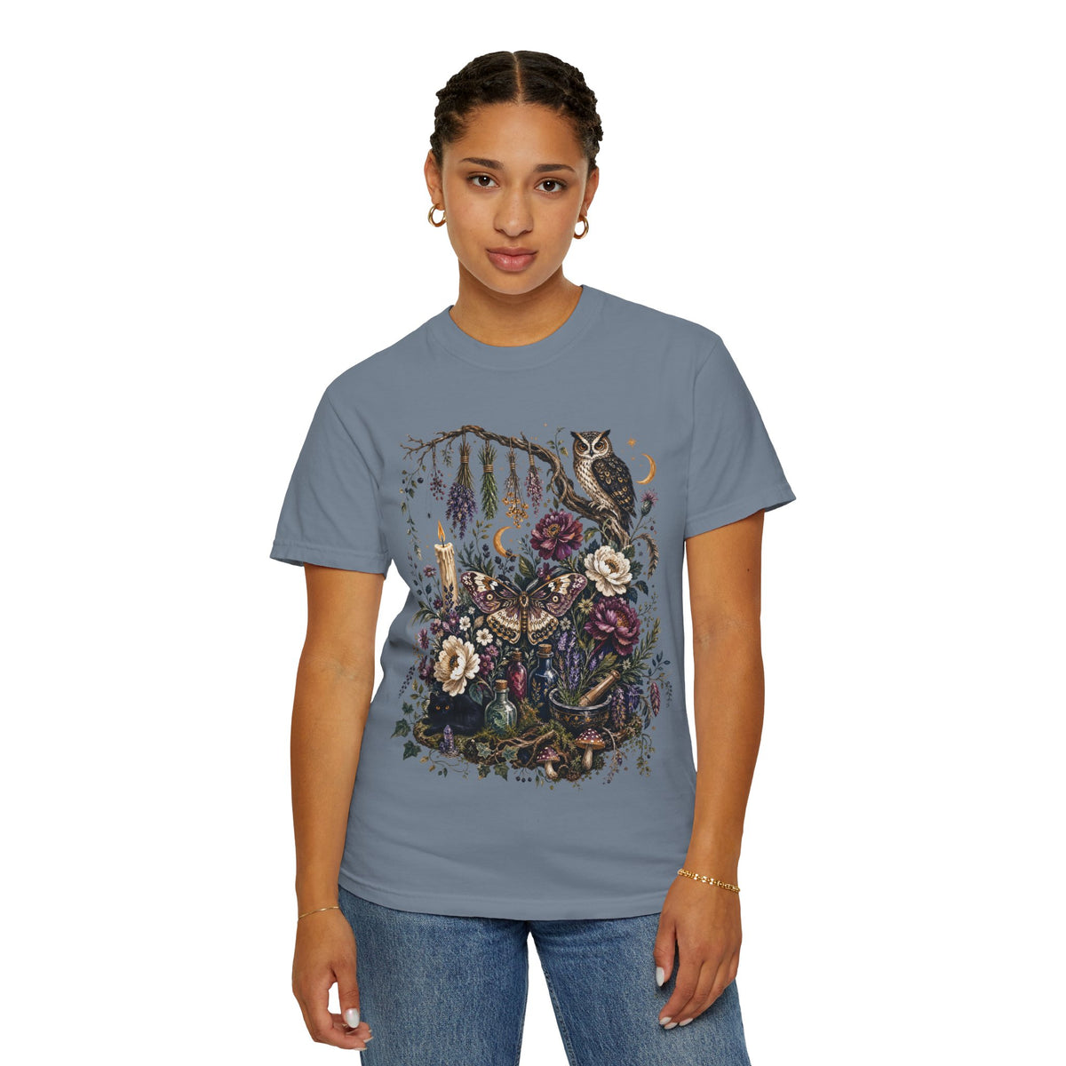 Mystical Forest Owl T-Shirt — Botanical Witchy Moonlight Art Tee, Midnight Eye, LLC