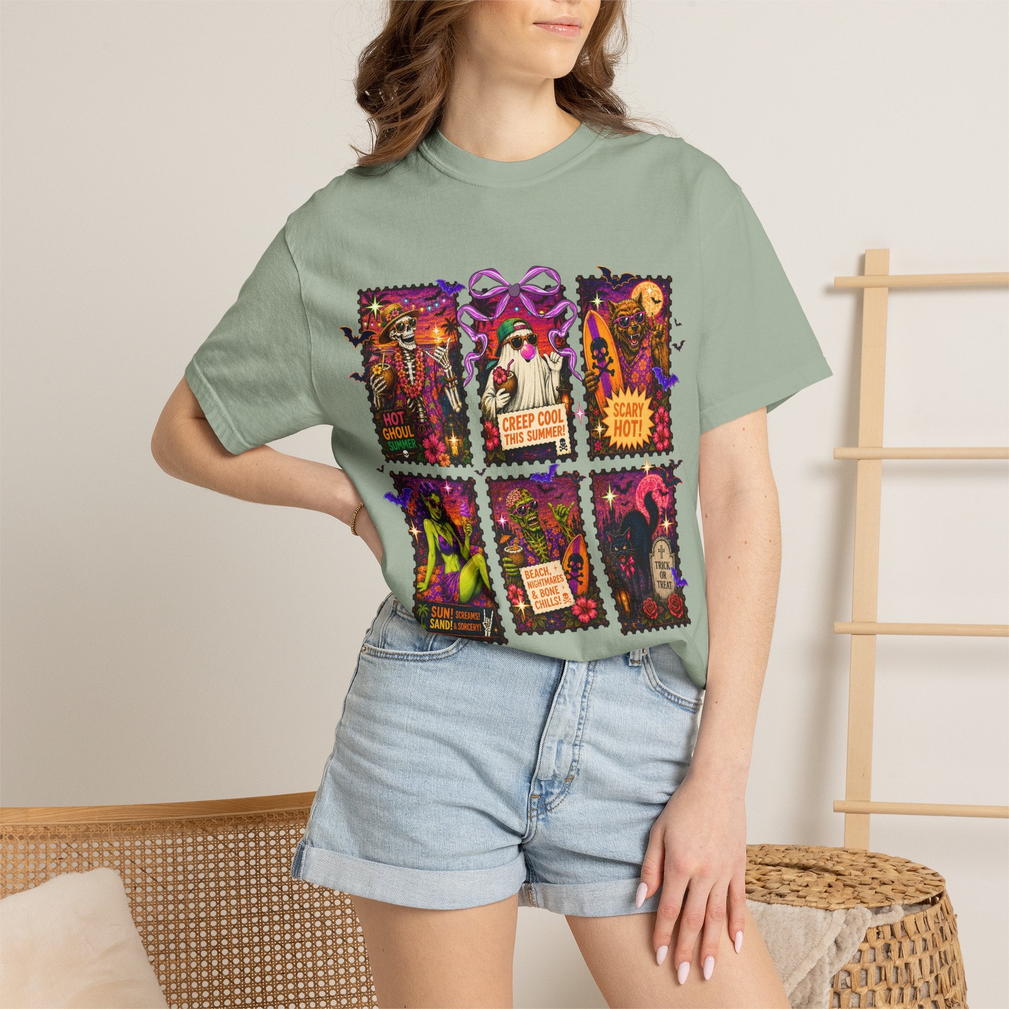 Halloween Witch Postage Stamp T-Shirt — Vintage Spooky Pin-Up Graphic Tee. Midnight Eye, LLC. 
