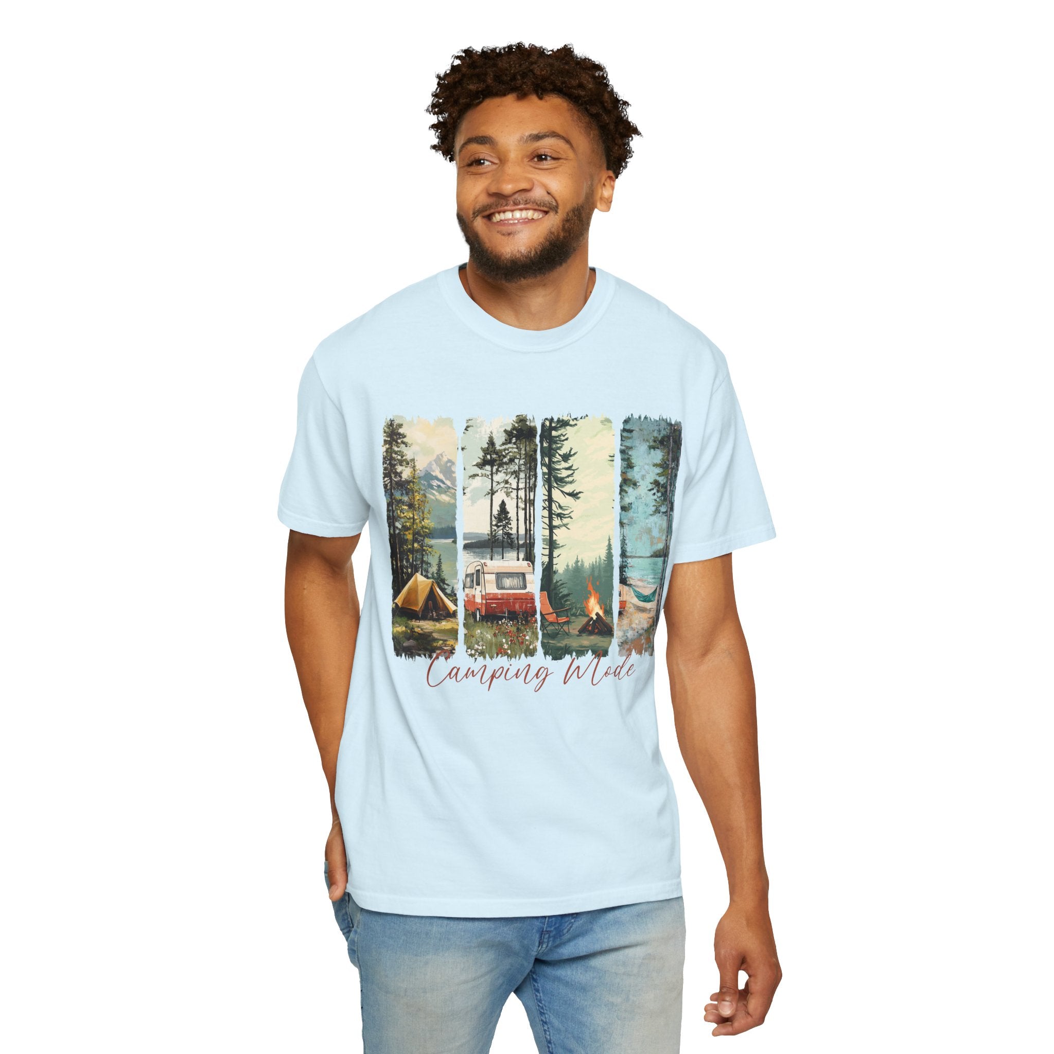Camping Vibes T-Shirt — 'Camping Mode' Scenic Camper Retro Graphic Tee - Family Adventure Tee - Outdoor Tee. Midnight Eye, LLC