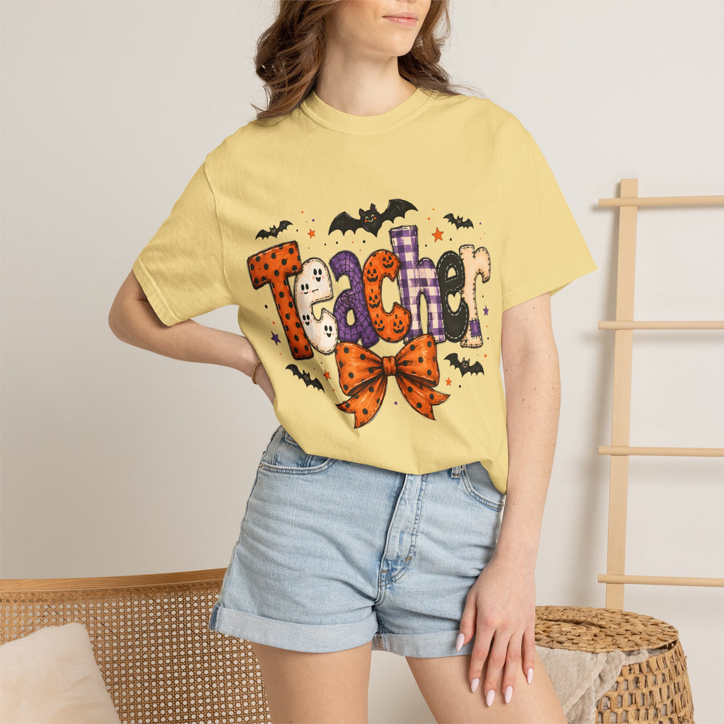 Teacher Halloween T-Shirt — Cute Spooky 'Teacher' Design with Bats & Bow