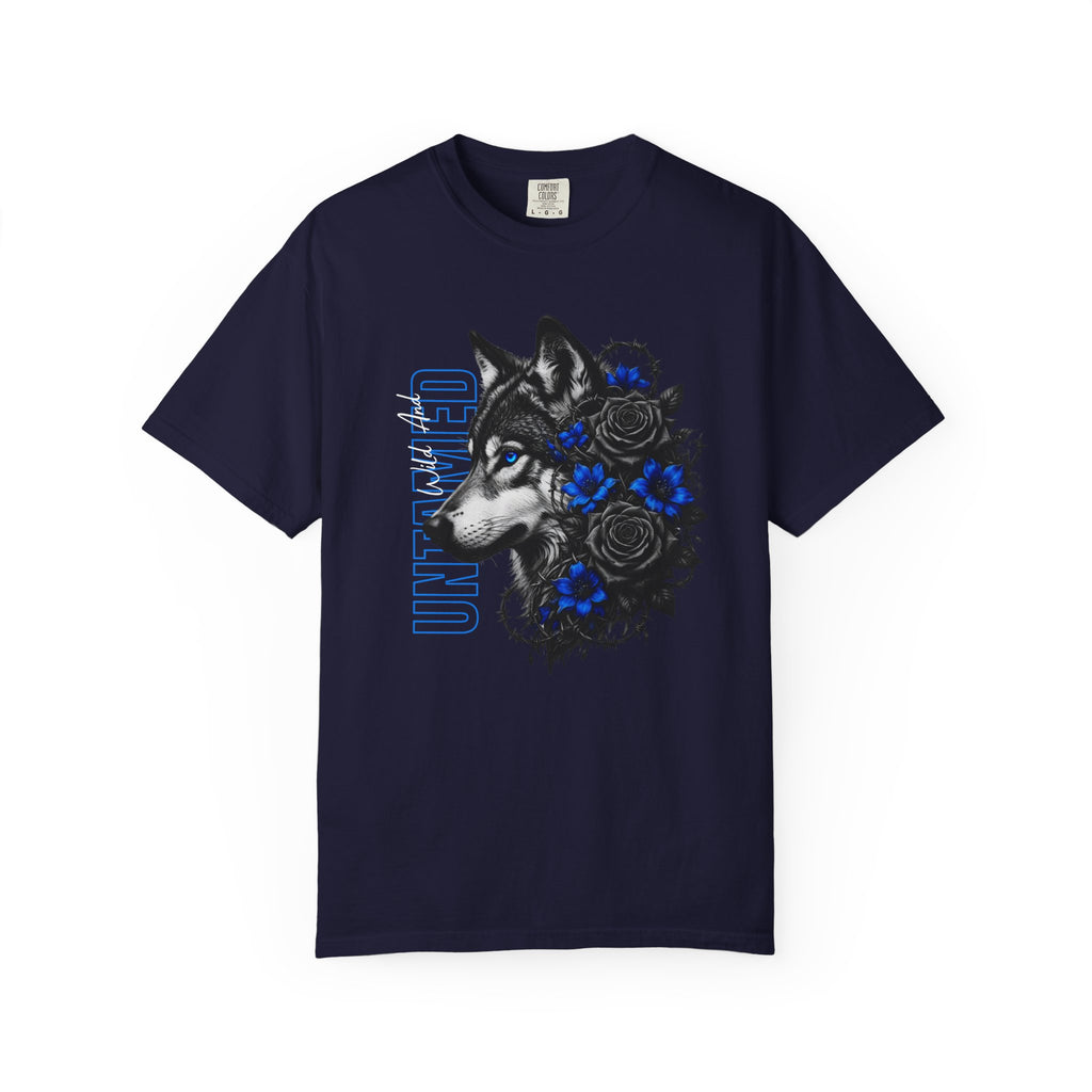 Wolf Floral T-Shirt — "Untamed" Graphic Tee with Blue & Black Roses. Midnight Eye, LLC