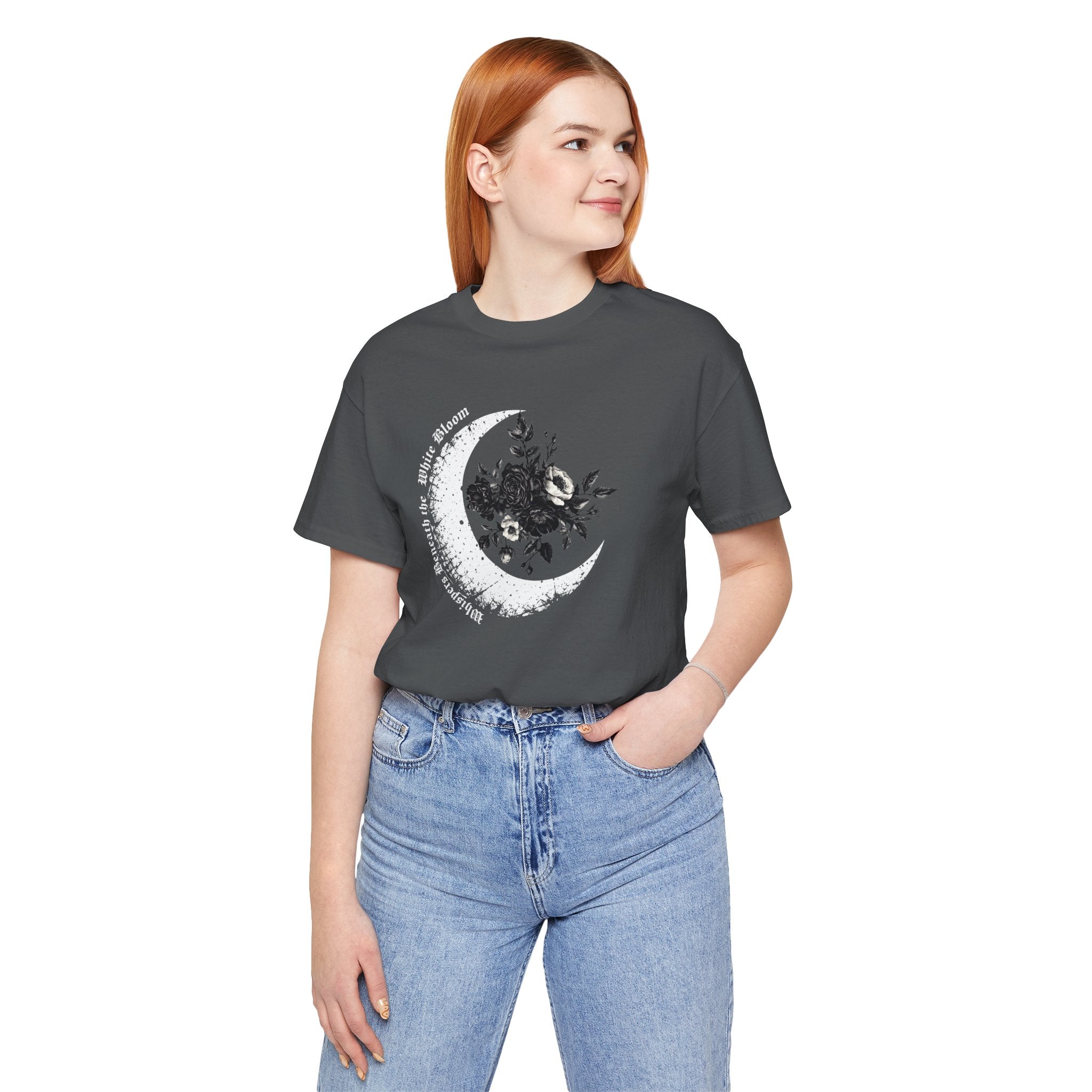 Moonflower Moon Tee — Floral Crescent Moon Graphic T-Shirt - Gothic Moon & Flowers Tee. Midnight Eye, LLC