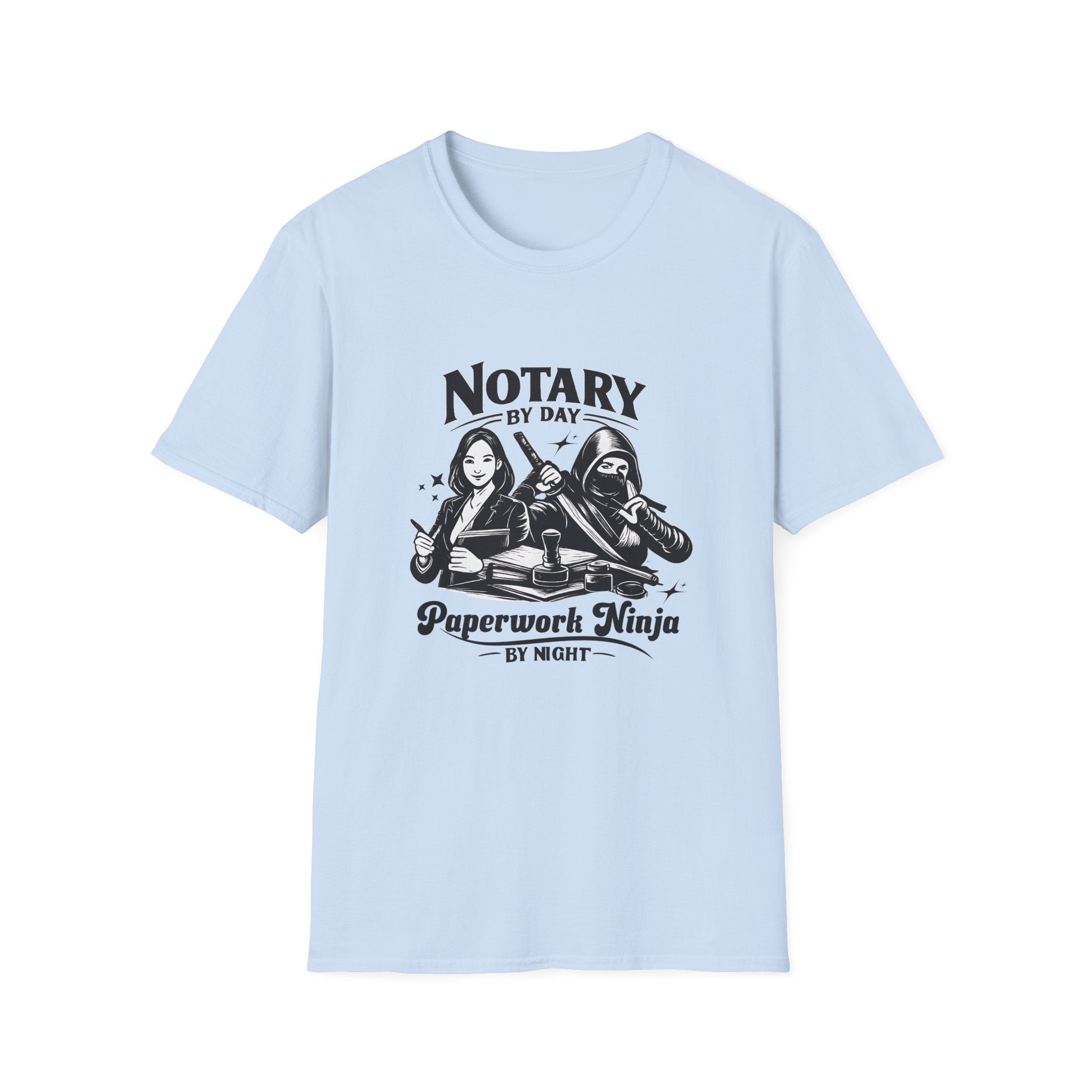 Light blue t-shirt with a graphic design and text on a white background