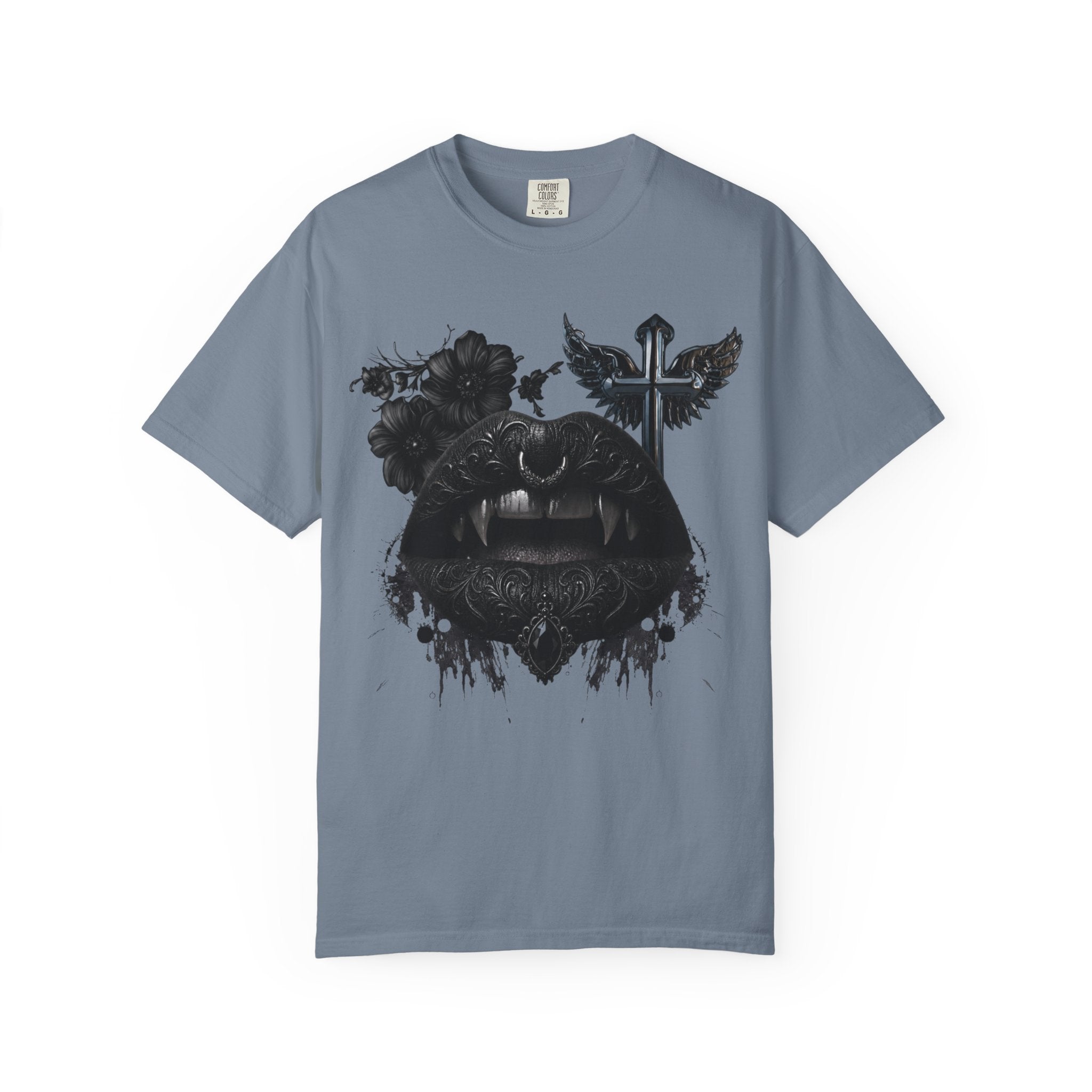 Vampire Black Lips Graphic T-Shirt - Gothic Black Lips and Fangs tee - Dark Aesthetic Tee. midnight Eye, LLC