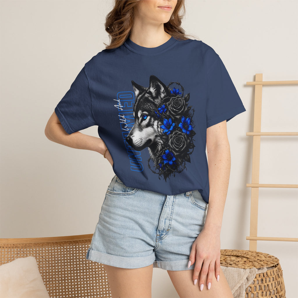 Wolf Floral T-Shirt — "Untamed" Graphic Tee with Blue & Black Roses. Midnight Eye, LLC