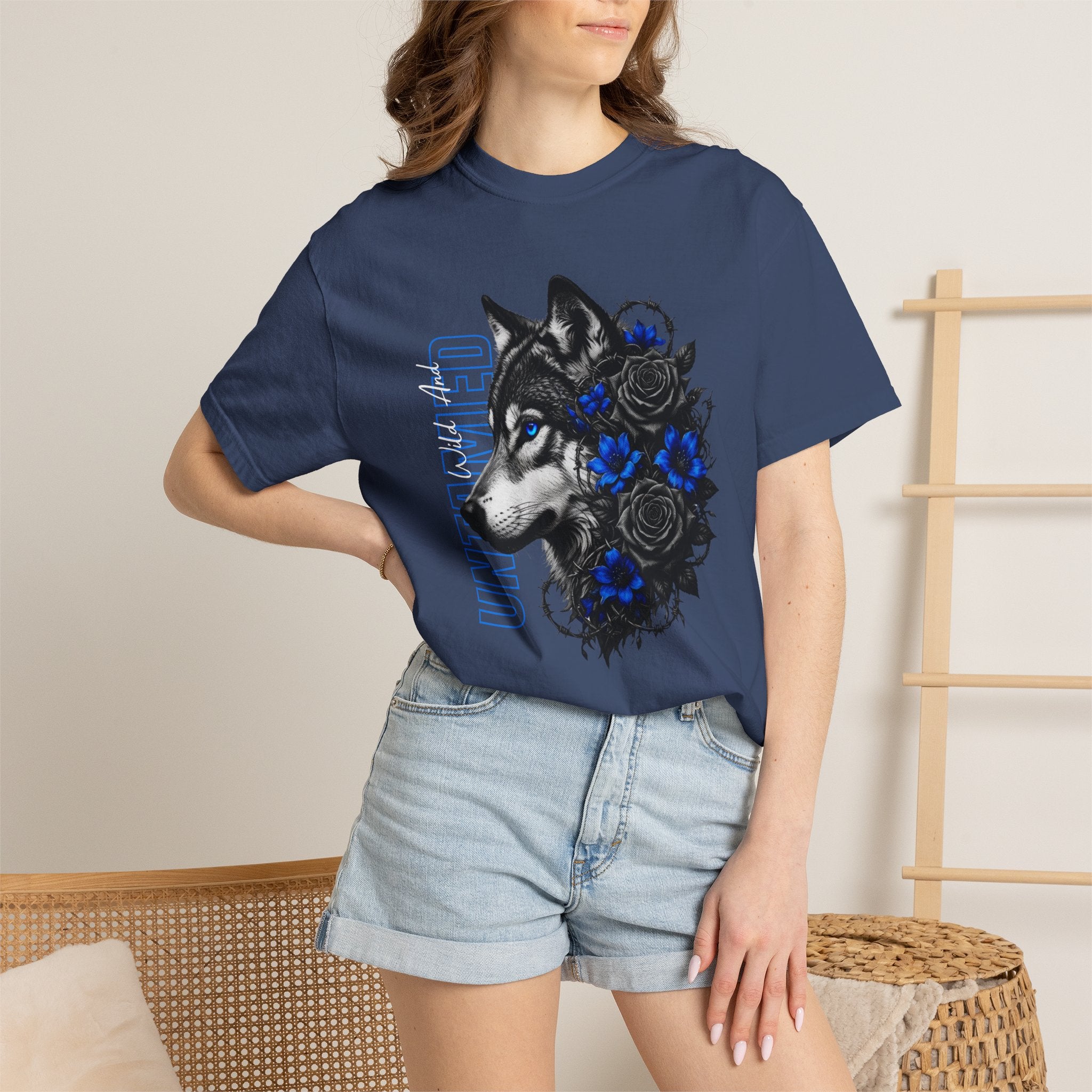 Wolf Floral T-Shirt — "Untamed" Graphic Tee with Blue & Black Roses. Midnight Eye, LLC