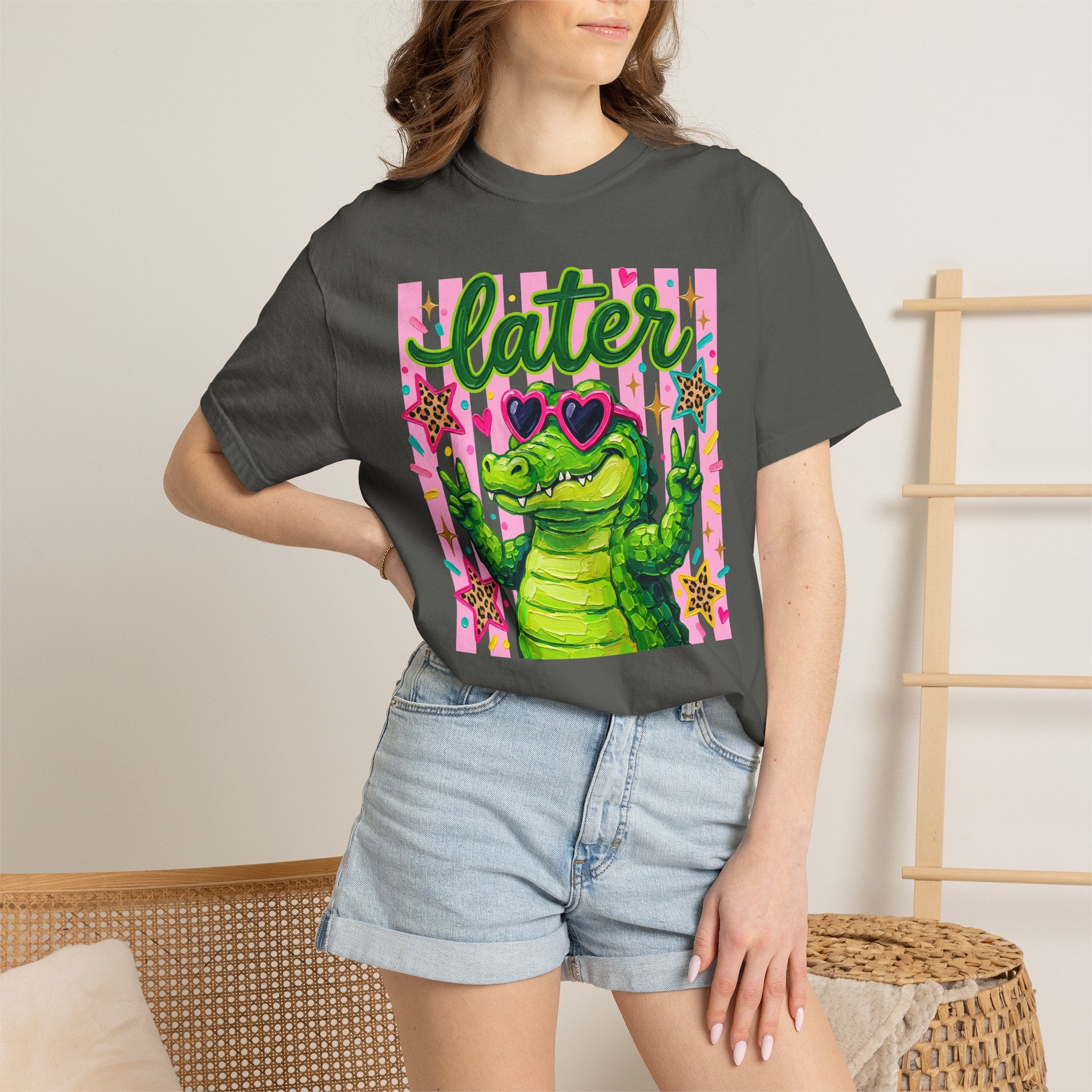 Funny Coquette Faux Brushstroke Stripped T-Shirt - Funny Alligator with Sunglasses Tee - Midnight Eye, LLC