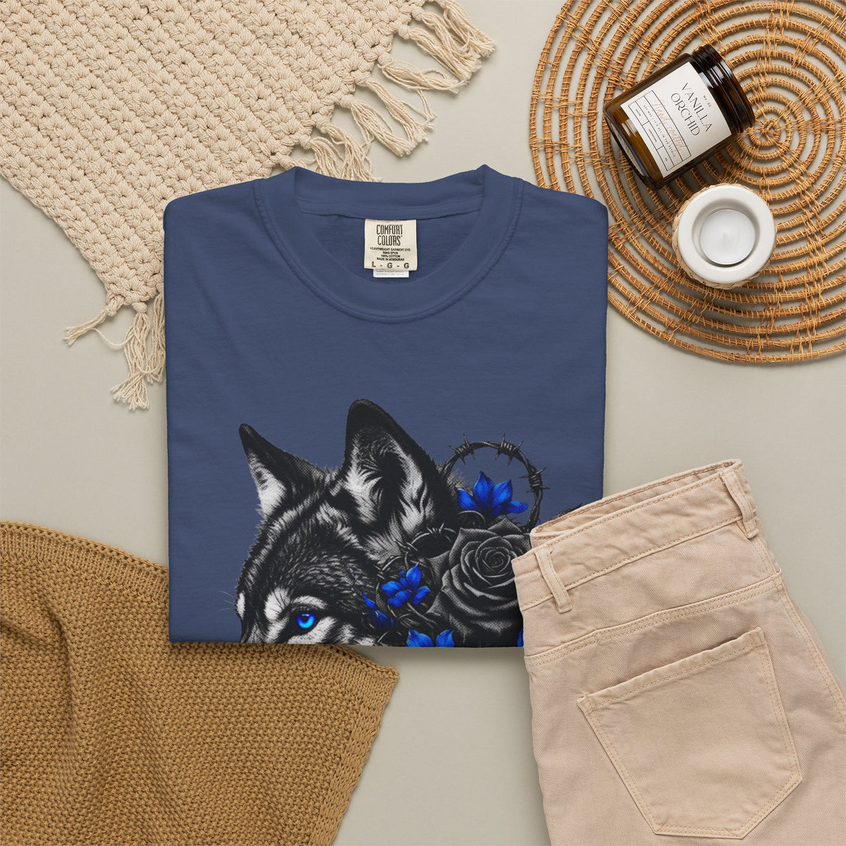 Wolf Floral T-Shirt — "Untamed" Graphic Tee with Blue & Black Roses