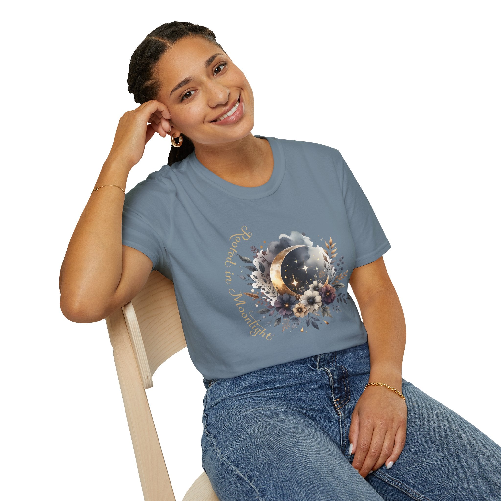 Moonlight Floral T-Shirt — 'Rooted in Moonlight' Celestial Floral Graphic Tee - Mystical Tee - Midnight Eye, LLC