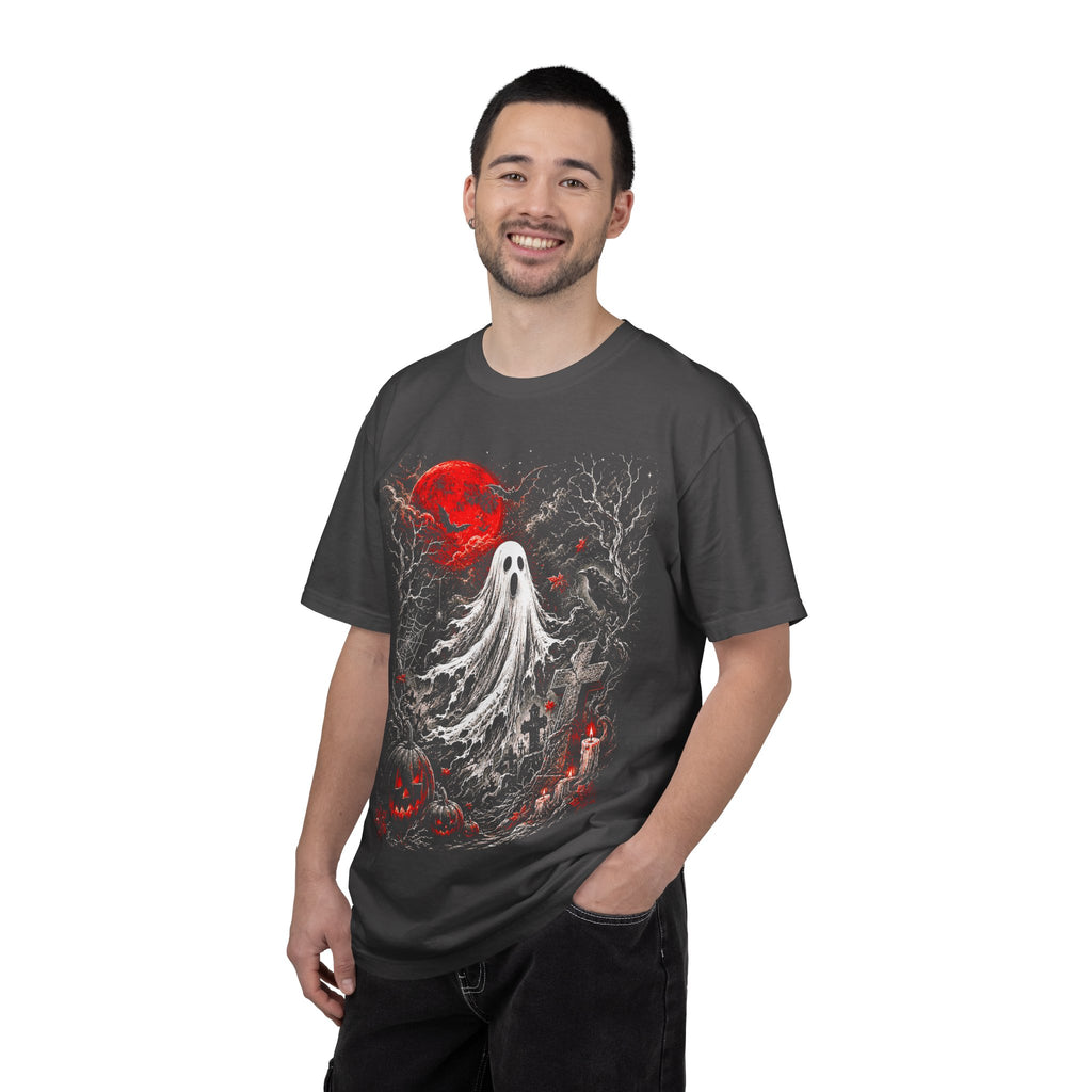 Halloween Ghost T-Shirt — Spooky Graveyard Design with Red Moon. Midnight Eye, LLC.
