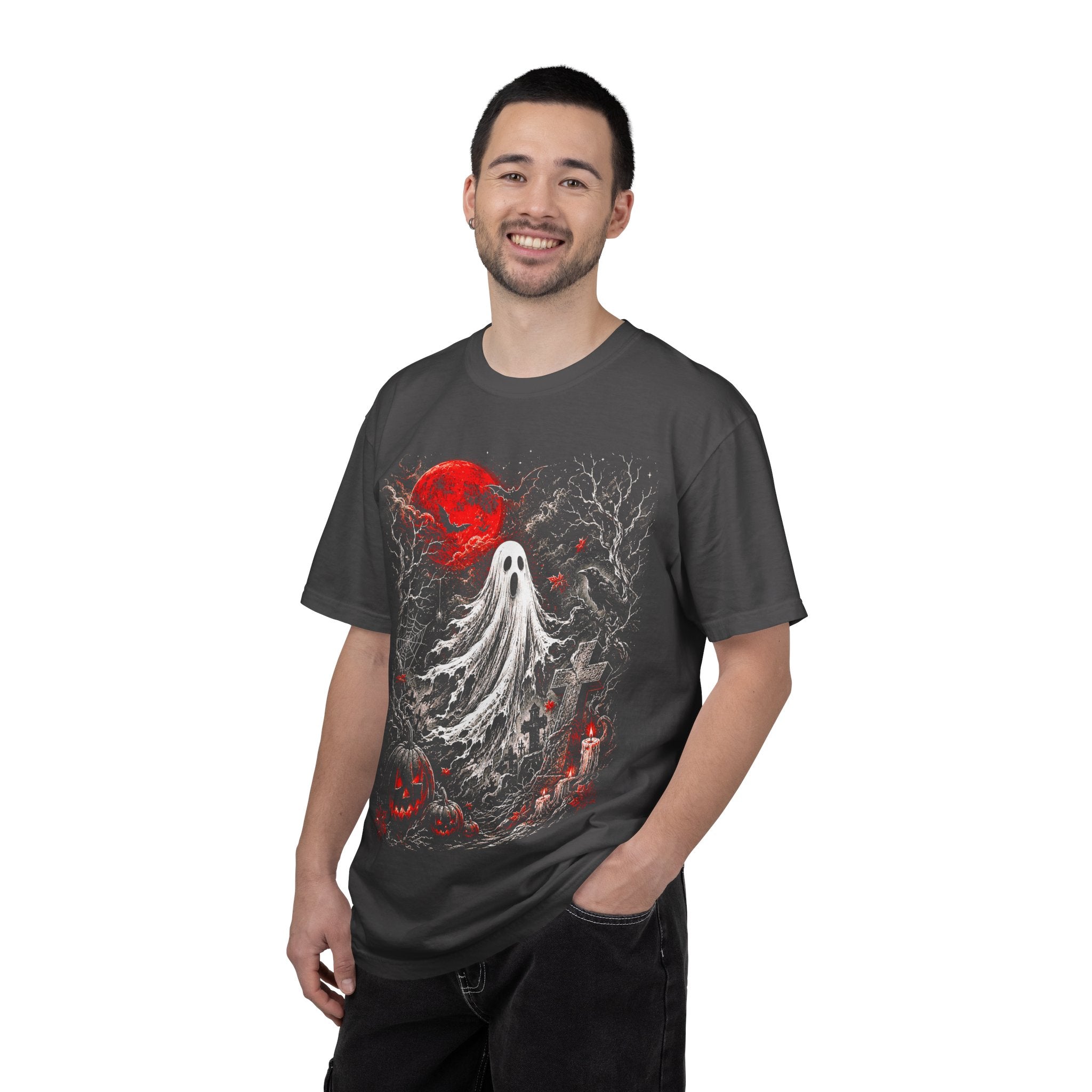 Halloween Ghost T-Shirt — Spooky Graveyard Design with Red Moon. Midnight Eye, LLC.