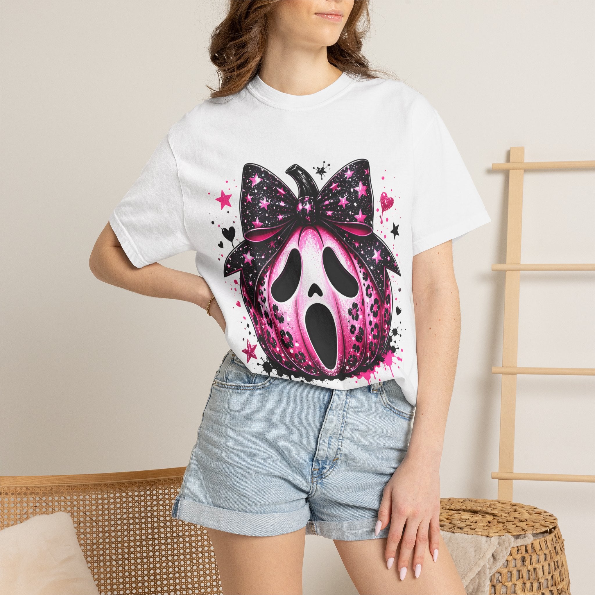 Ghost Face Pumpkin T‑Shirt — Cute Pink Halloween Tee. Midnight Eye, LLC