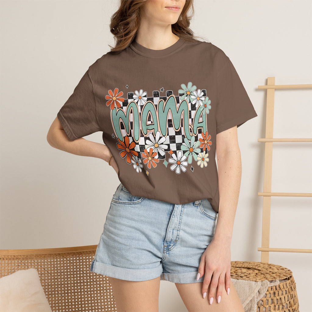 Mama Floral Graphic T-Shirt — Retro Checkerboard Mom Tee. Midnight Eye, LLC