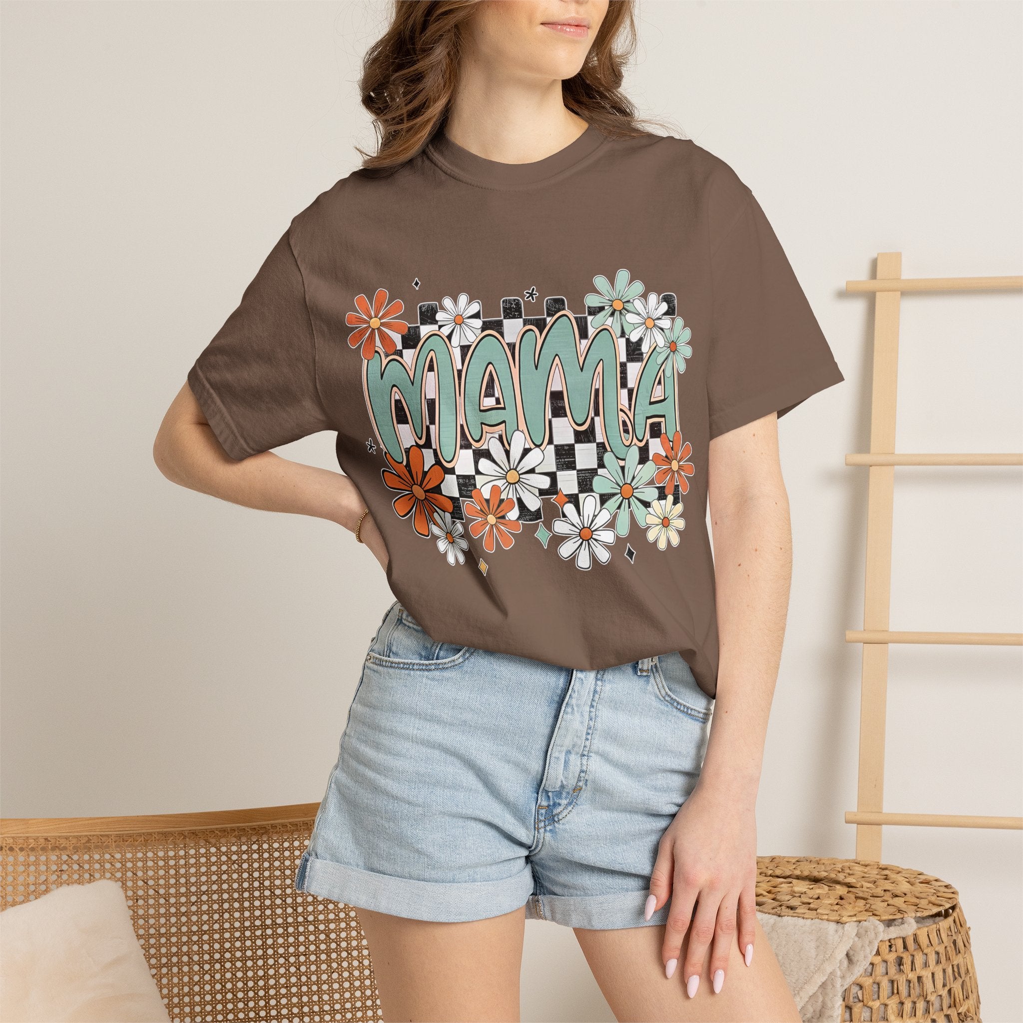 Mama Floral Graphic T-Shirt — Retro Checkerboard Mom Tee. Midnight Eye, LLC