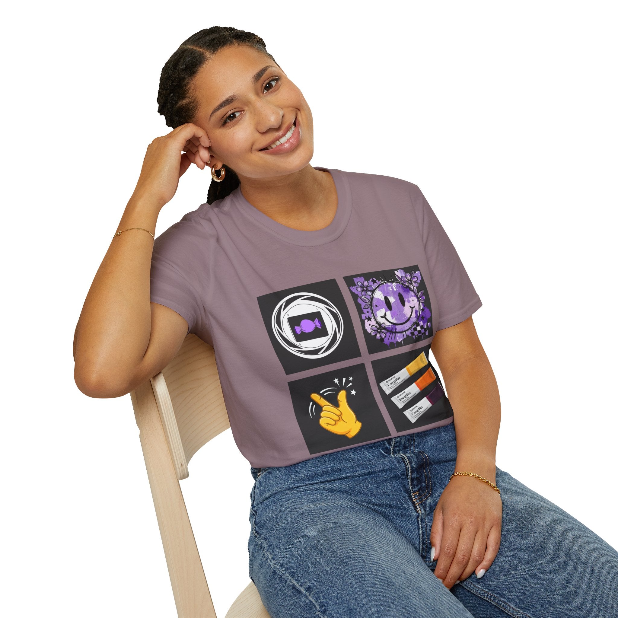 Women's Tee — Retro Purple Icons: Smiley, Peace Sign & Cassette Graphic - Midnight Eye, LLC