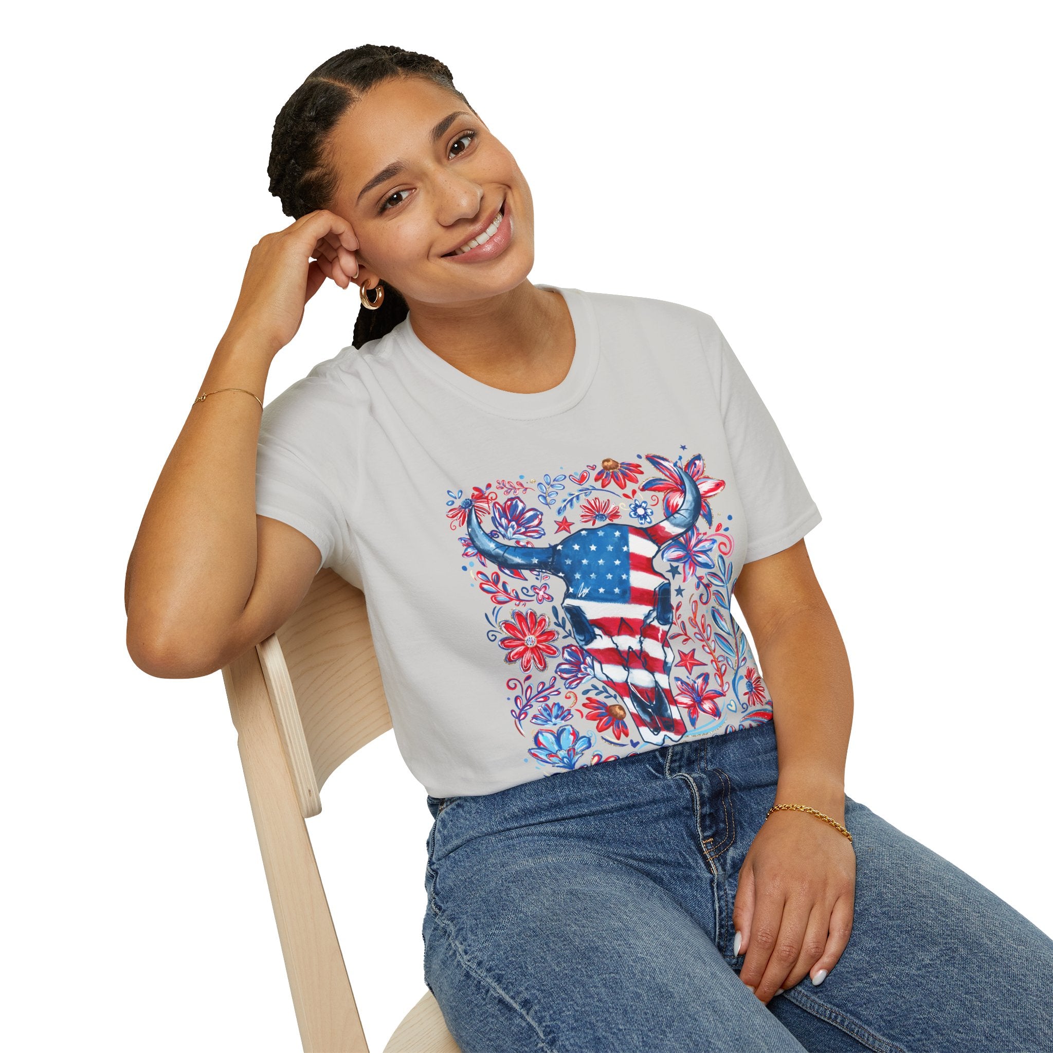 American Flag Longhorn T-Shirt — Patriotic Western Bull Tee for 4th of July - Midnight Eye, LLC