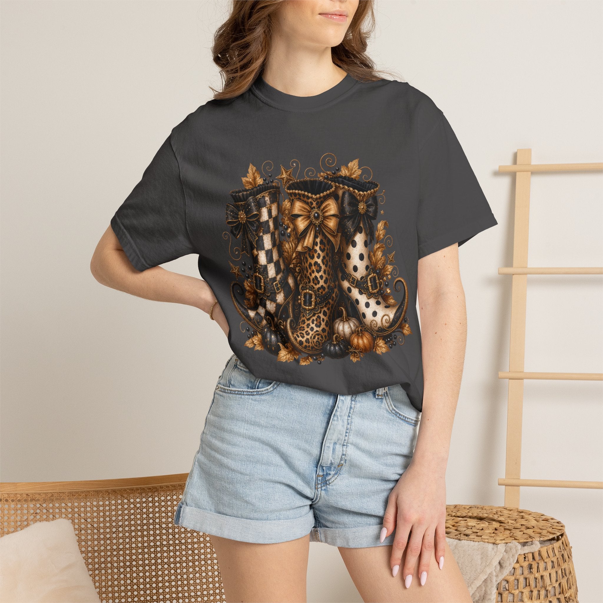 Halloween Cat Bow T-Shirt — Autumn Pumpkin & Checkered Witch Boots Graphic Tee