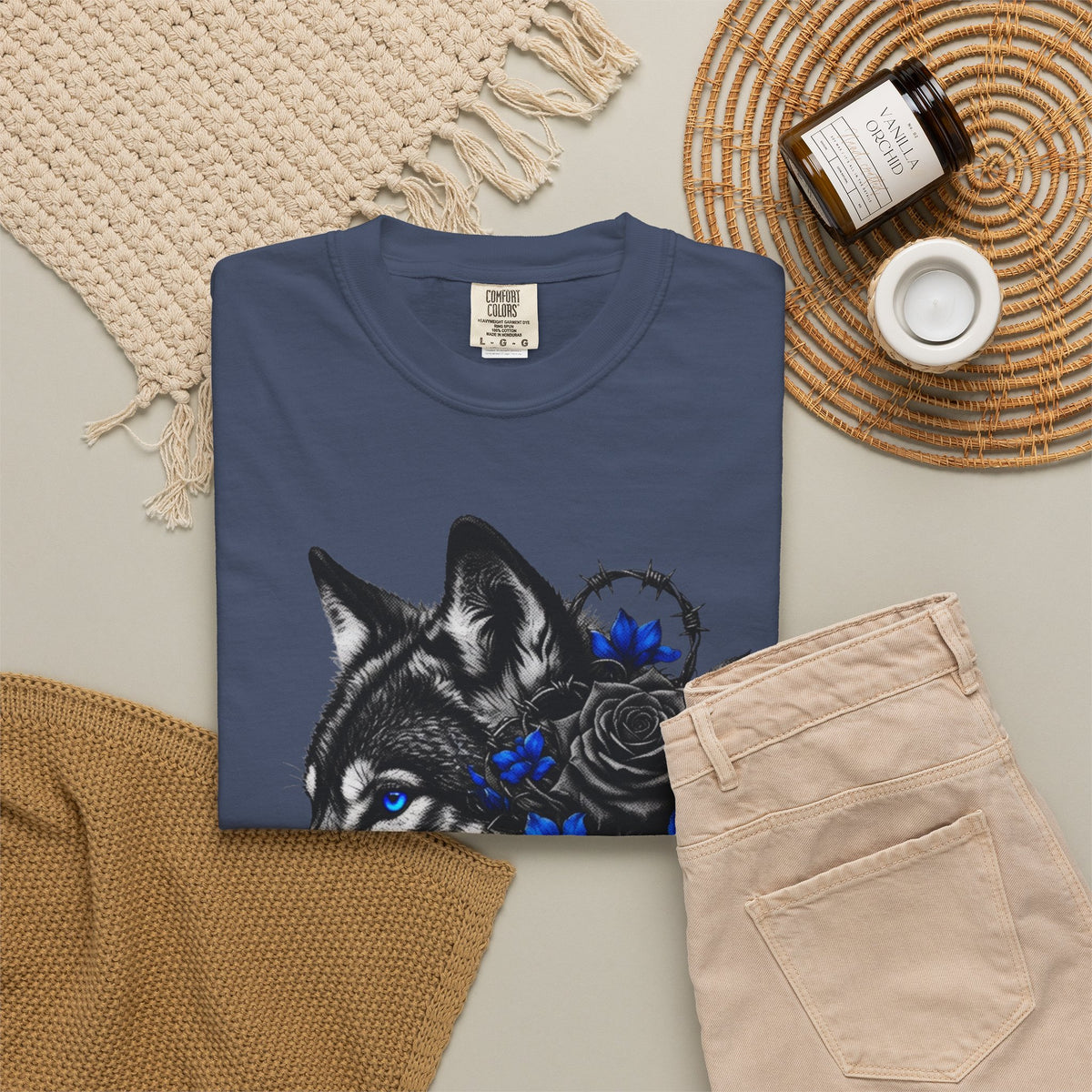 Wolf Floral T-Shirt — "Untamed" Graphic Tee with Blue & Black Roses