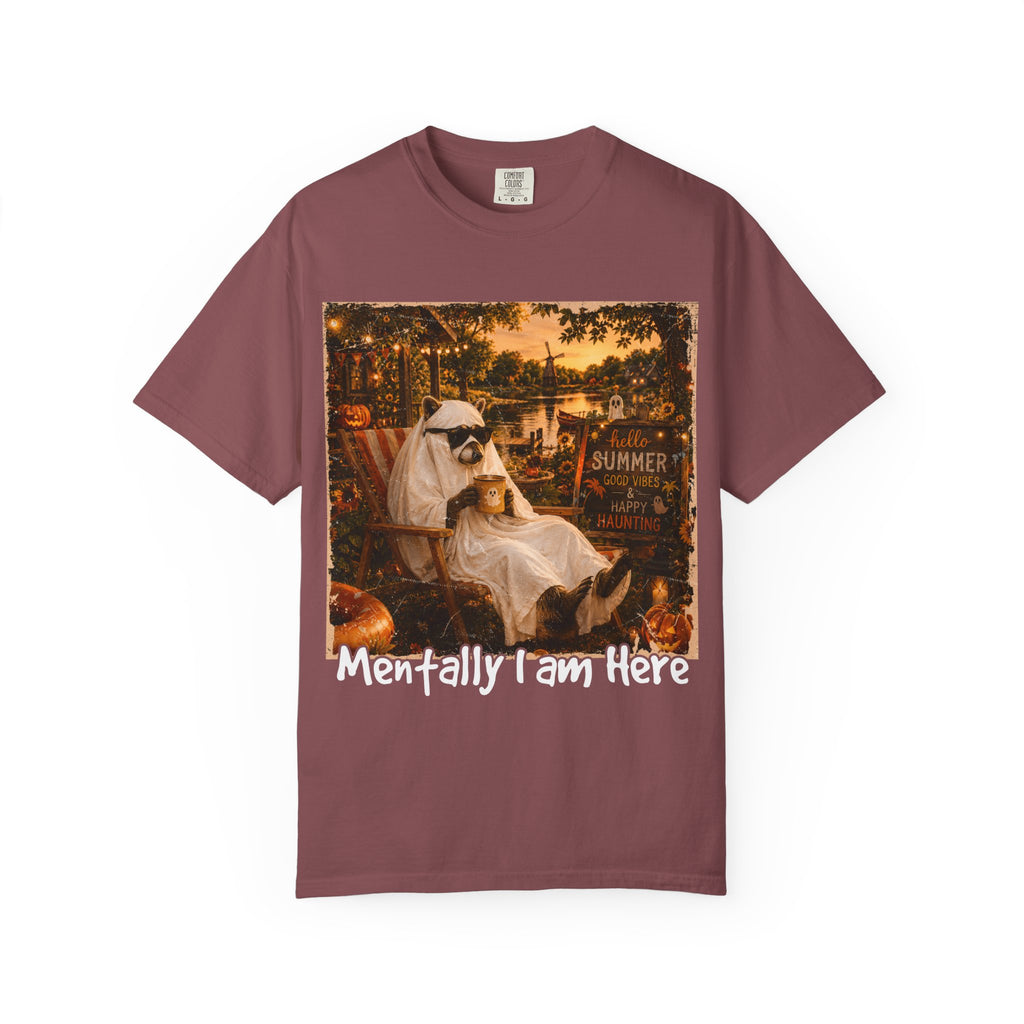Mentally I Am Here Beach Racoon T-Shirt - Ghost Racoon Summerween Tee