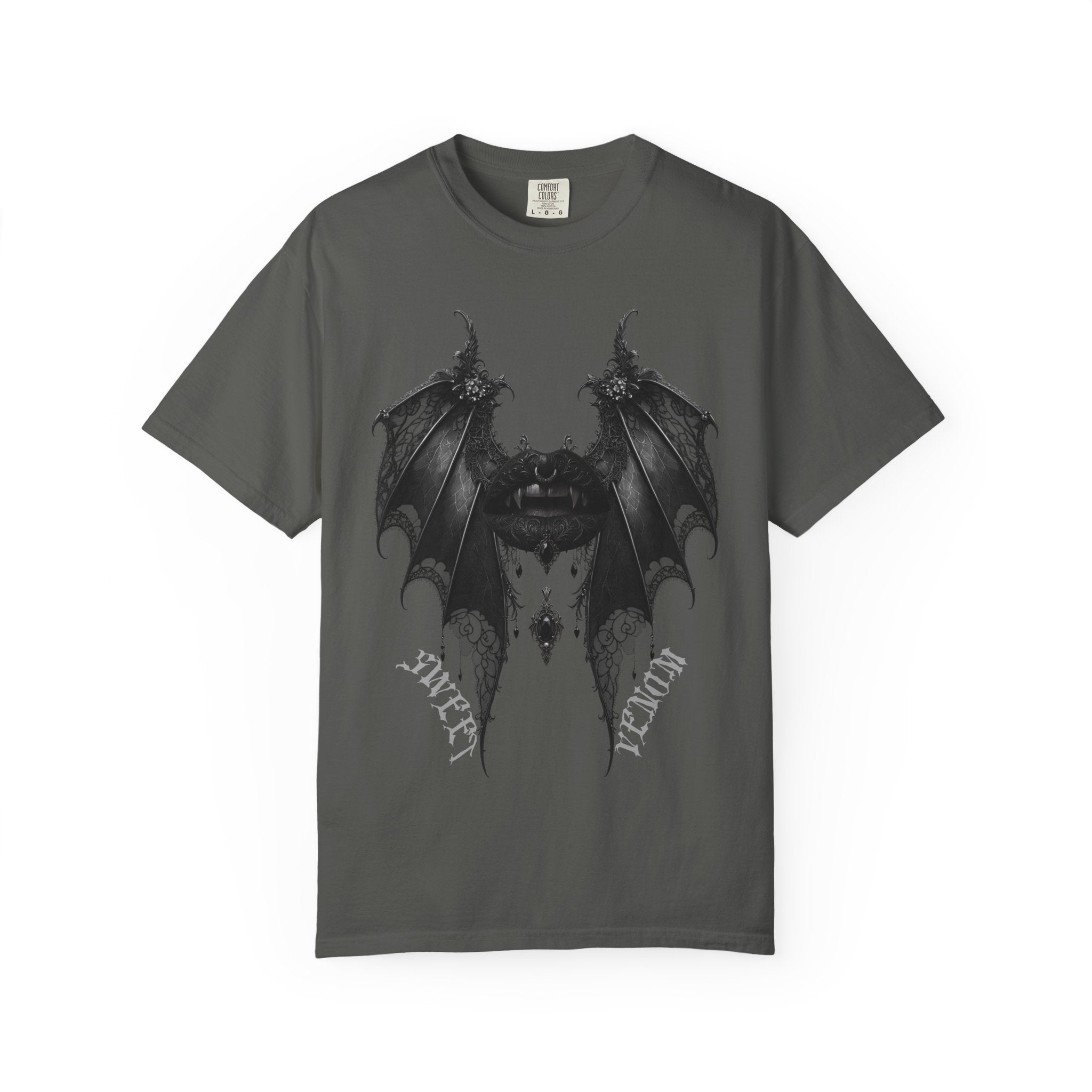 Gothic Bat Wings and Black Vampire Lips Graphic T-shirt - Gothic Black Lips Tee. Midnight Eye, LLC