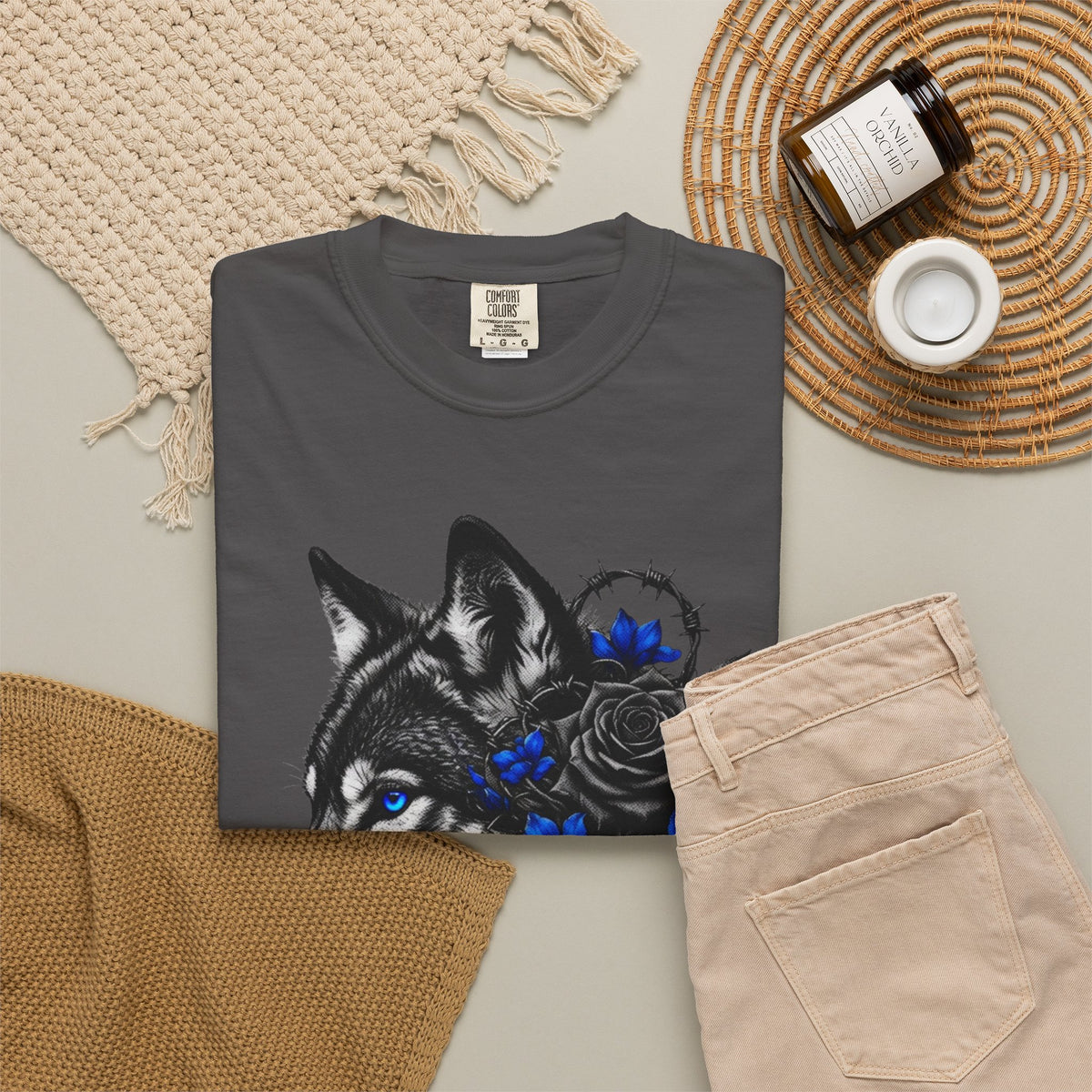 Wolf Floral T-Shirt — "Untamed" Graphic Tee with Blue & Black Roses