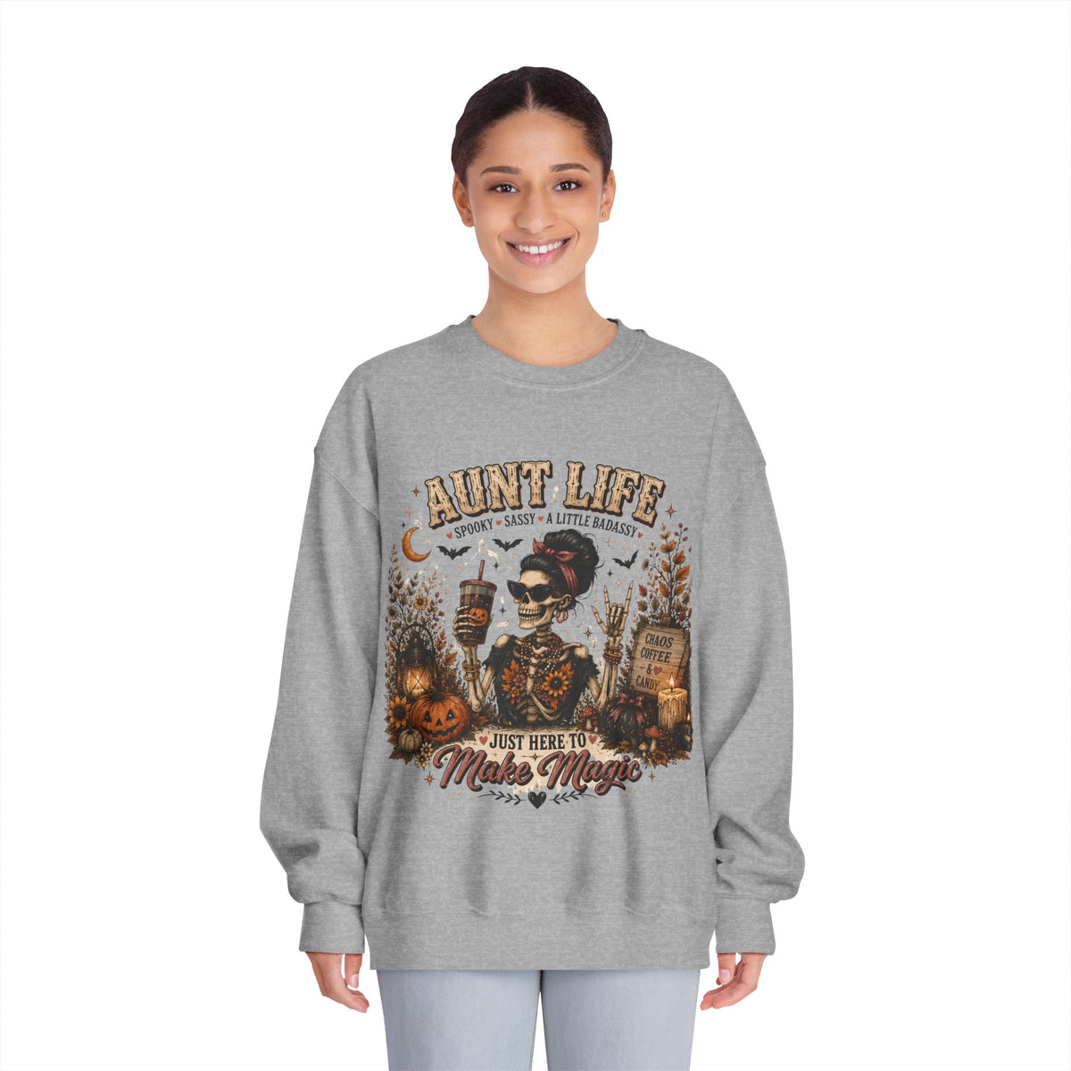 Aunt Life Halloween Sweatshirt — Just Here to Make Magic Crewneck. Midnight Eye, LLC
