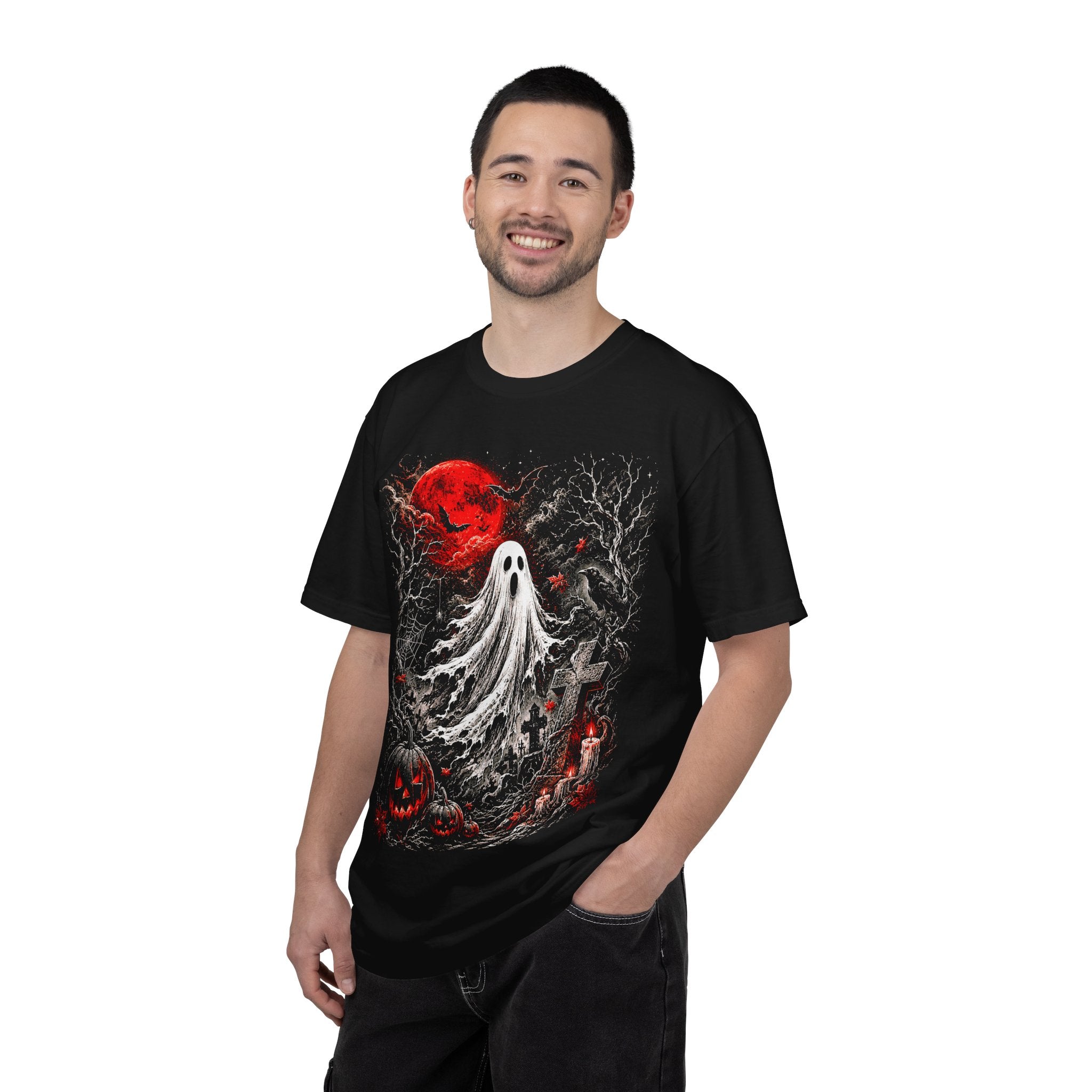 Halloween Ghost T-Shirt — Spooky Graveyard Design with Red Moon. Midnight Eye, LLC.
