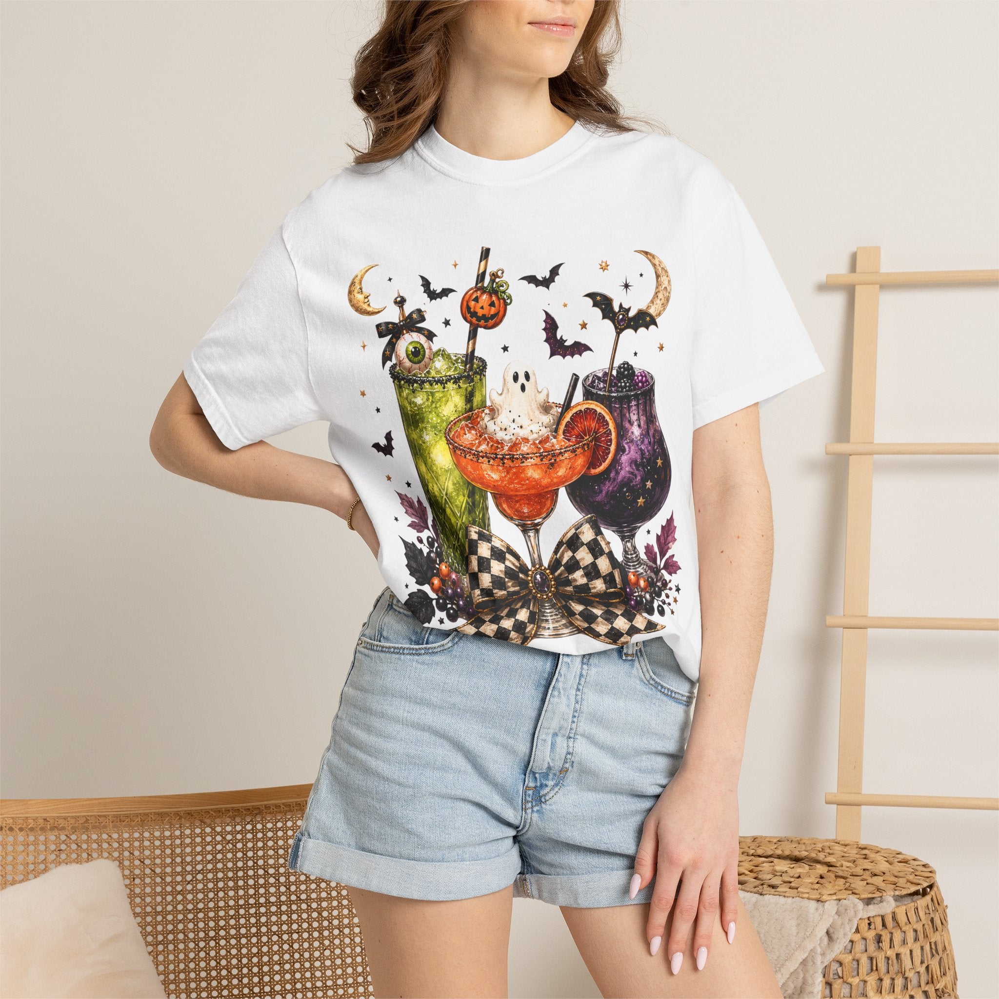 Halloween Cocktail T-Shirt — Spooky Drinks, Cute Bats & Pumpkins