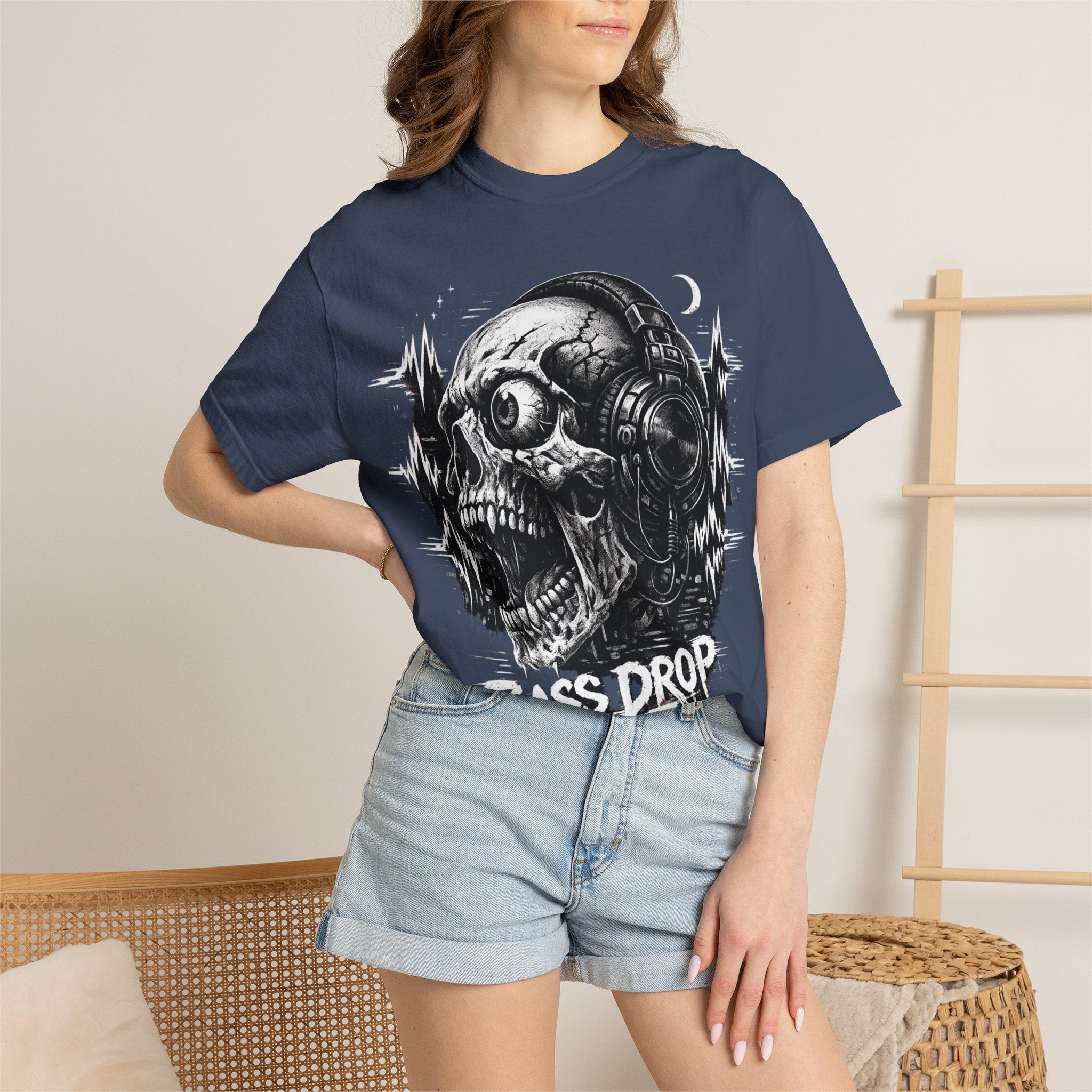 Bass Drop Skull T-Shirt — DJ Headphones Graphic Tee - Streetwear T-Shirt. Midnight Eye, LLC