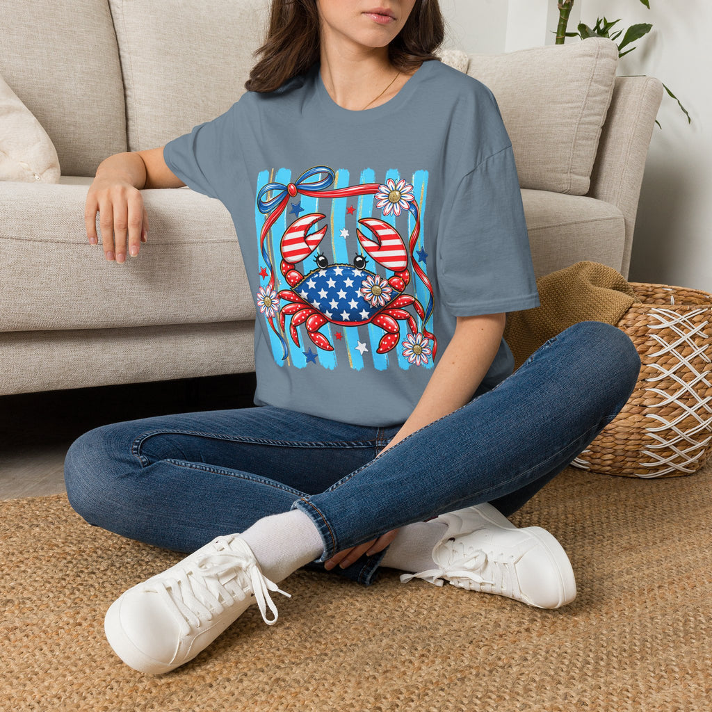Patriotic Crab T-Shirt — American Flag Red White Blue Beach Tee Patriotic Crab T-Shirt — Preppy Cute and Funny Crab Tee. Midnight Eye, LLC.