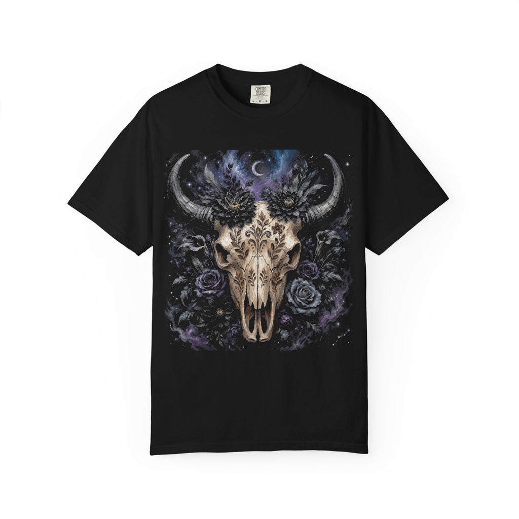 Roses Moon Skull Tee — Gothic Floral Bull Skull T-Shirt
