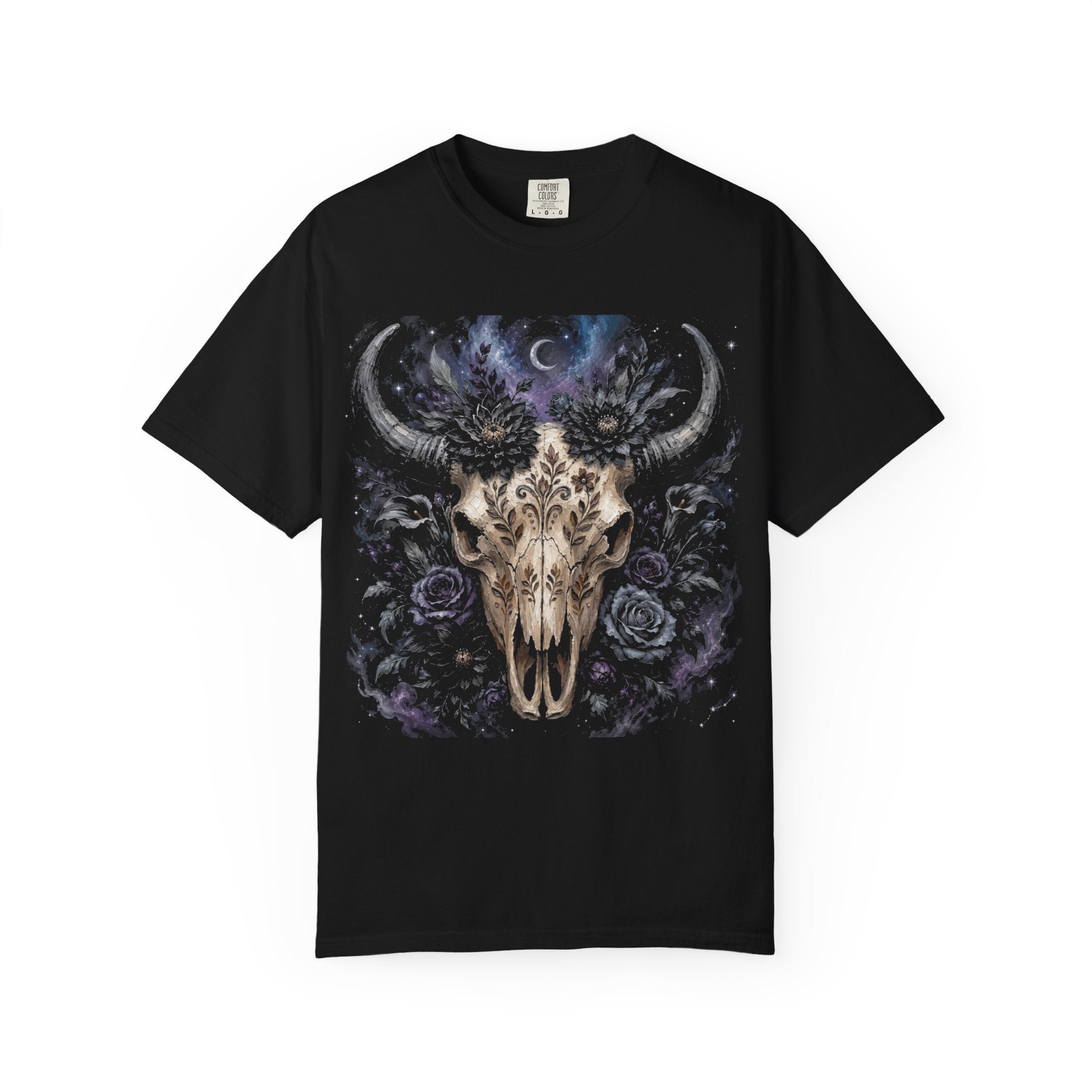 Roses Moon Skull Tee — Gothic Floral Bull Skull T-Shirt