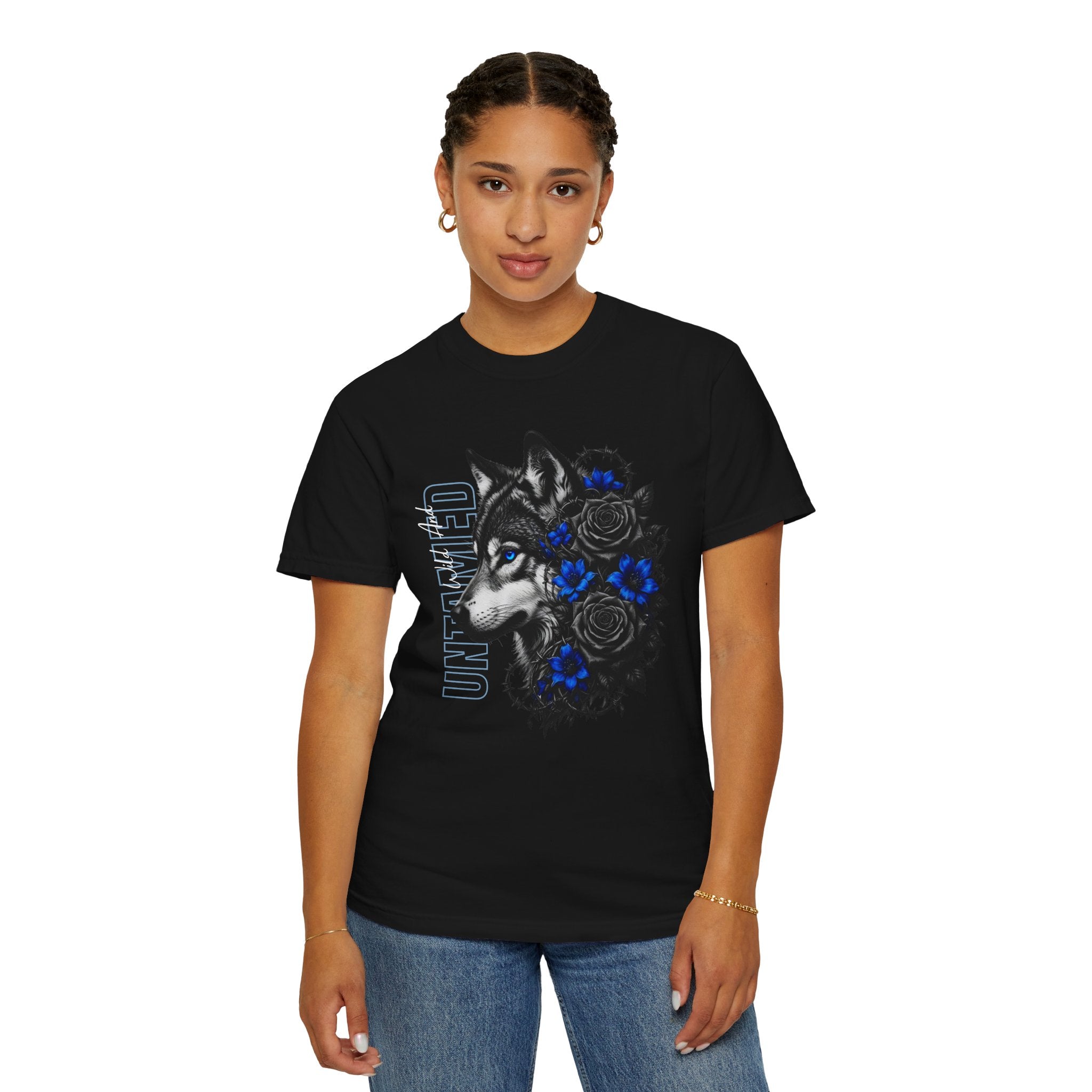Wolf Floral T-Shirt — "Untamed" Graphic Tee with Blue & Black Roses. Midnight Eye, LLC.