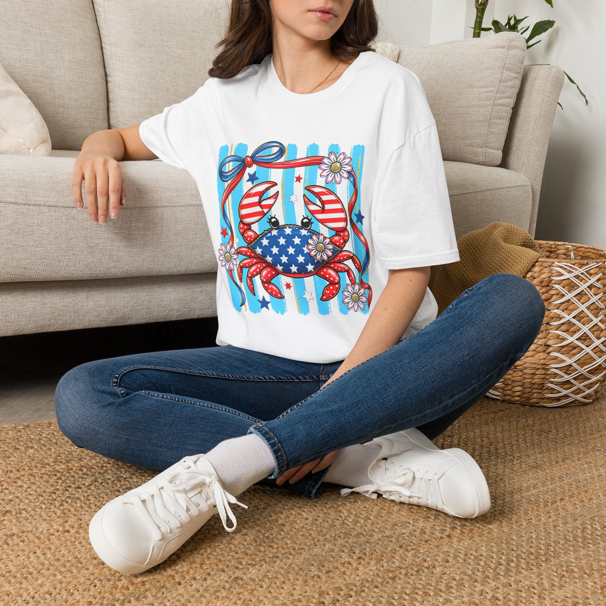 Patriotic Crab T-Shirt — American Flag Red White Blue Beach Tee Patriotic Crab T-Shirt — Preppy Cute and Funny Crab Tee. Midnight Eye, LLC.