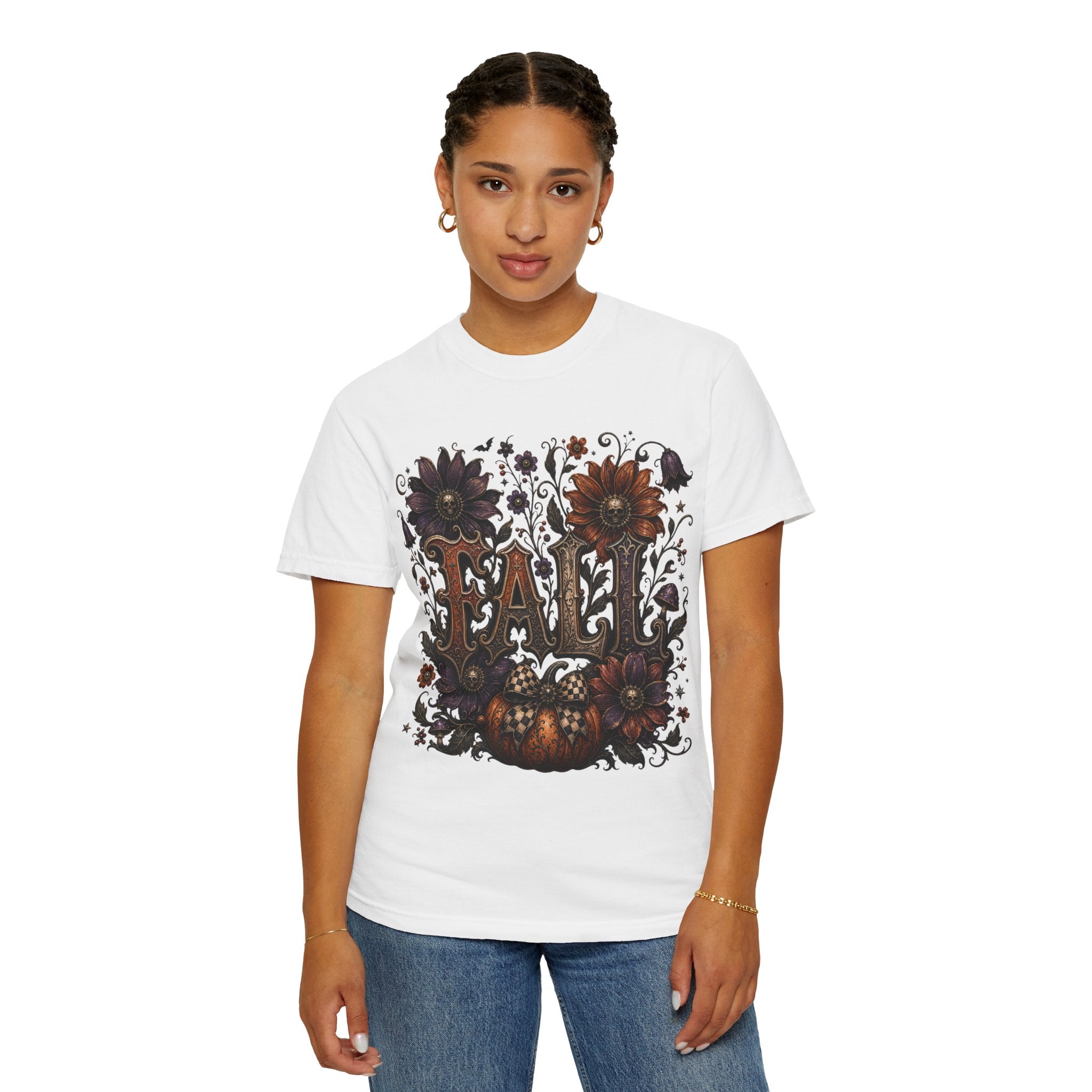 Fall Floral Pumpkin Long Sleeve Tee - Whimsical Goth Floral Fall Graphic T-Shirt. midnight Eye, LLC