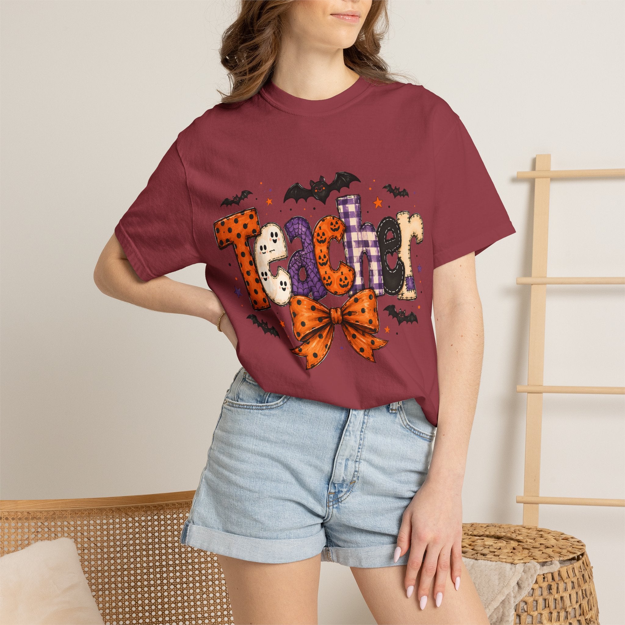 Teacher Halloween T-Shirt — Cute Spooky 'Teacher' Design with Bats & Bow