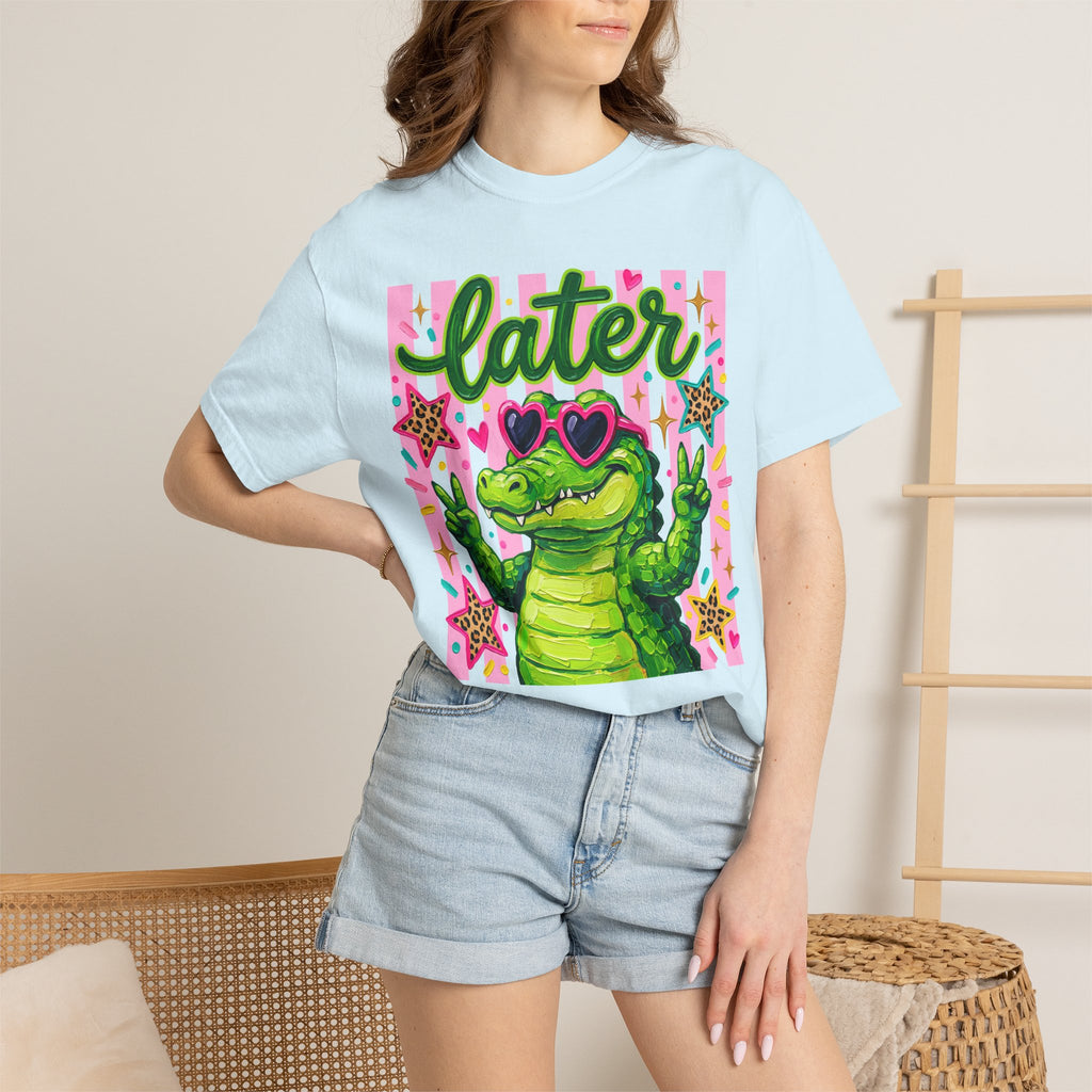 Funny Coquette Faux Brushstroke Stripped T-Shirt - Funny Alligator with Sunglasses Tee