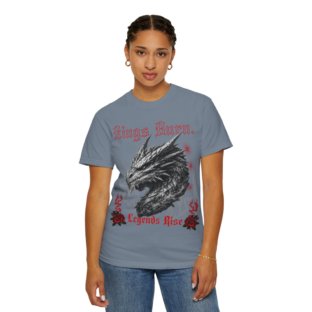 Dragon Head T-Shirt — "Kings Burn. Legends Rise." Red Rose Tattoo Graphic T-Shirt. Midnight Eye, LLC.