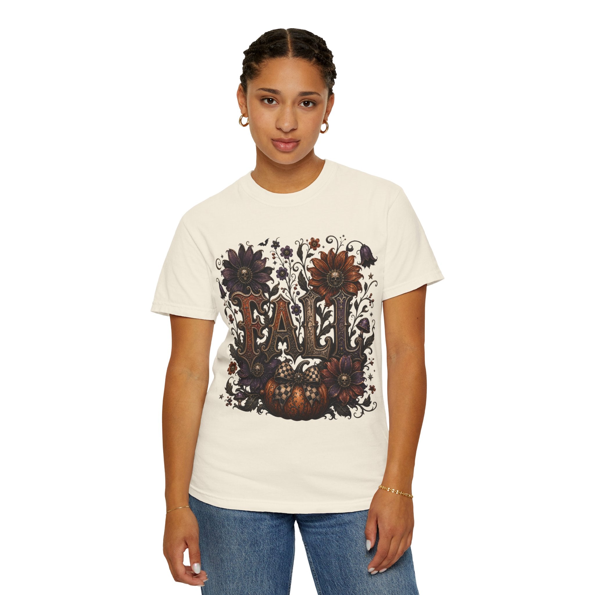 Fall Floral Pumpkin Long Sleeve Tee - Whimsical Goth Floral Fall Graphic T-Shirt. midnight Eye, LLC