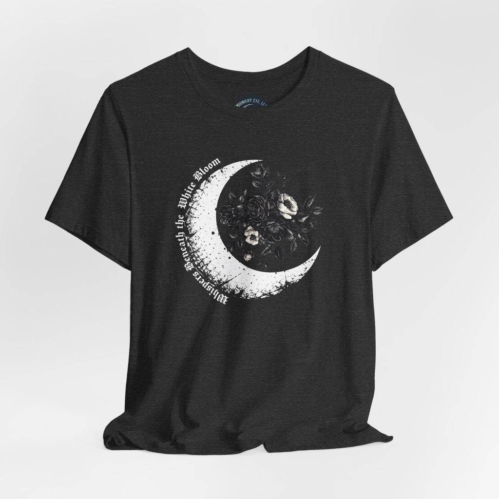 Moonflower Moon Tee — Floral Crescent Moon Graphic T-Shirt - Gothic Moon & Flowers Tee - Midnight Eye, LLC