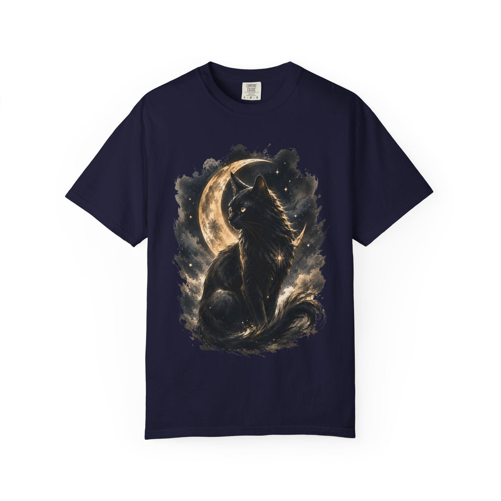 Black Cat Mystical Moon Graphic T-Shirt - Gothic Black Roses Tee