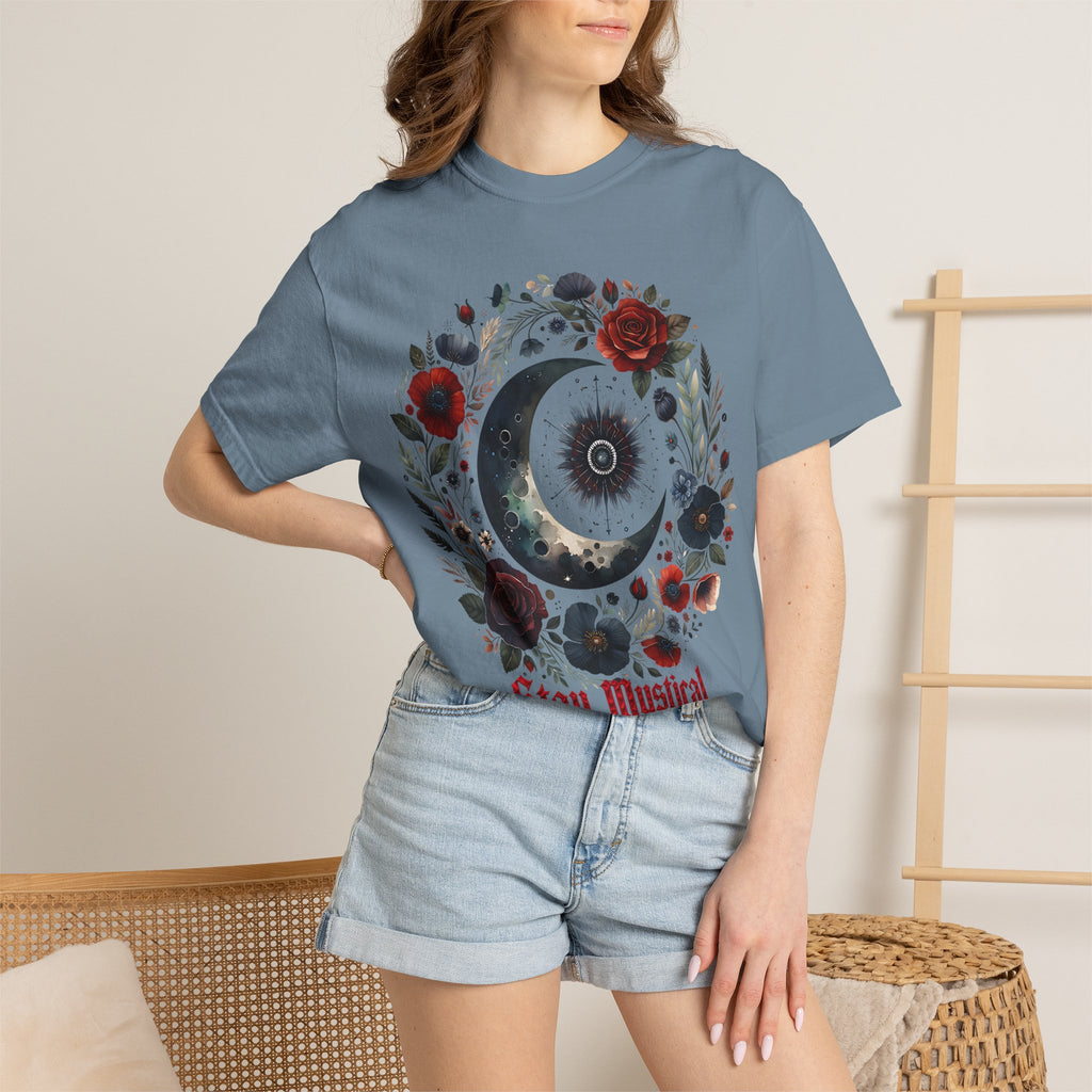 Mystical Moon T-Shirt — “Stay Mystical” Floral Crescent Tee - Dark Aesthetic T-Shirt, Mid Night Eye, LLC